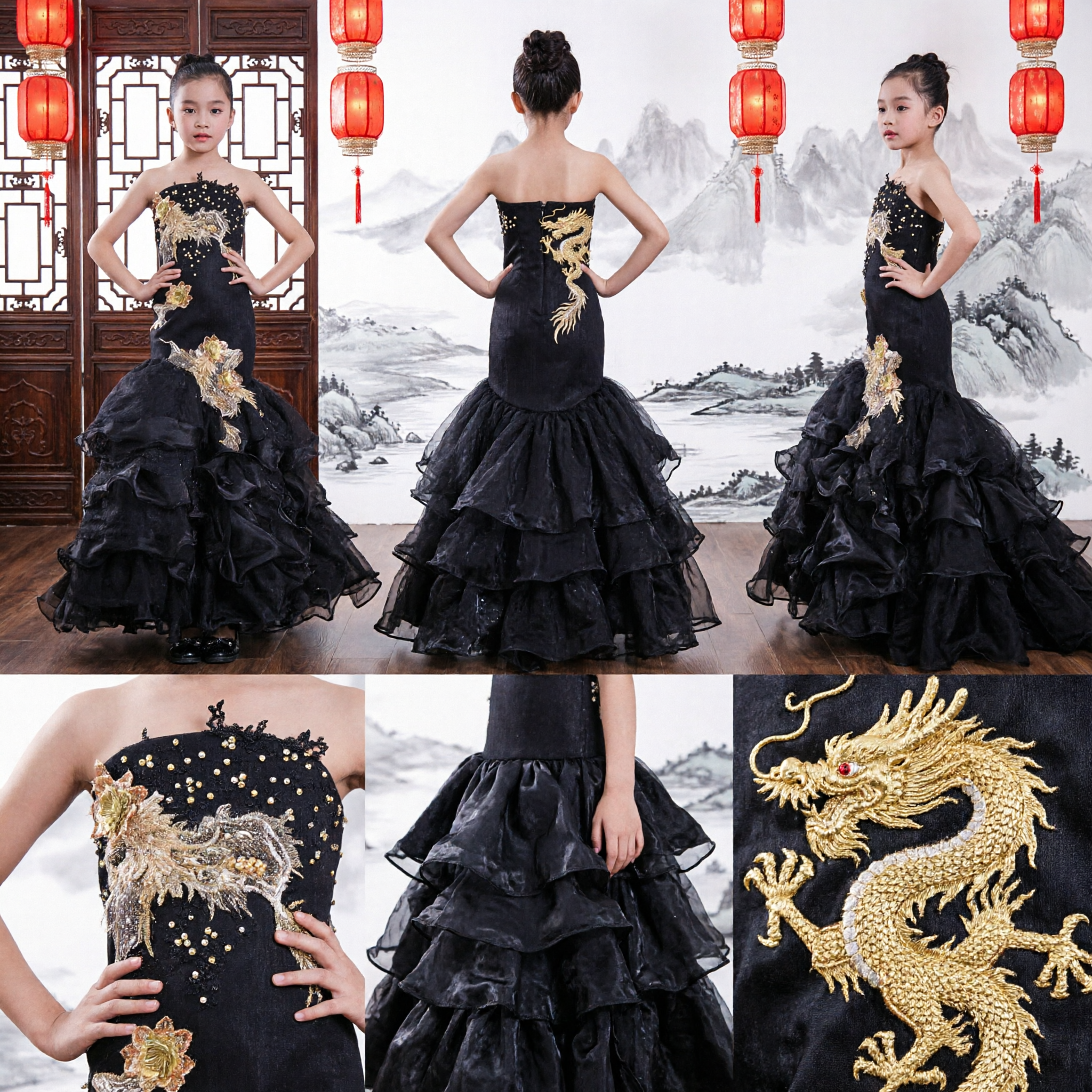 Elegant Black Strapless Mermaid Evening Gown for Girls with Gold Floral Embroidery and Ruffled Hem - Asian Costume