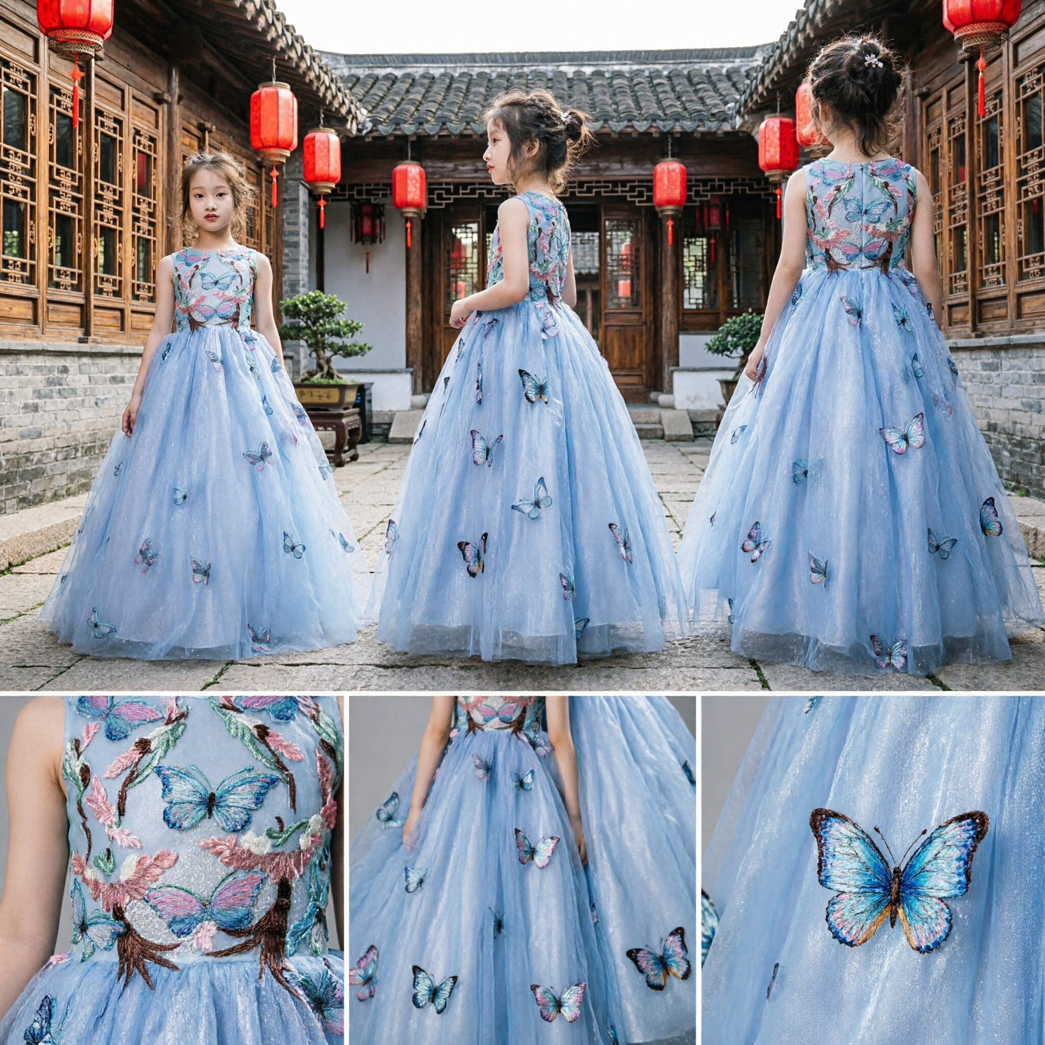 Vestido de Baile de Gala Azul con Tul y Motivos de Mariposa para Niñas, para Fiestas Formales, Bodas y Concursos - Asian Costume