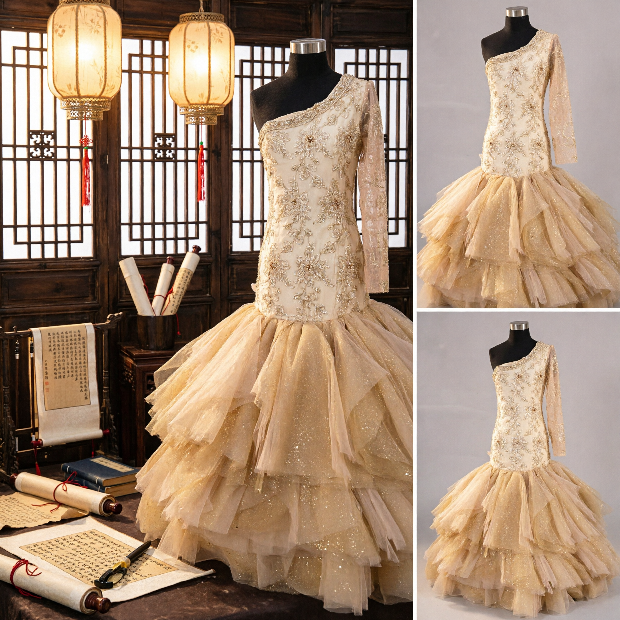 Robe sirène dorée à une épaule avec broderie florale et jupe en tulle à étages pour spectacle de danse latine - Asian Costume