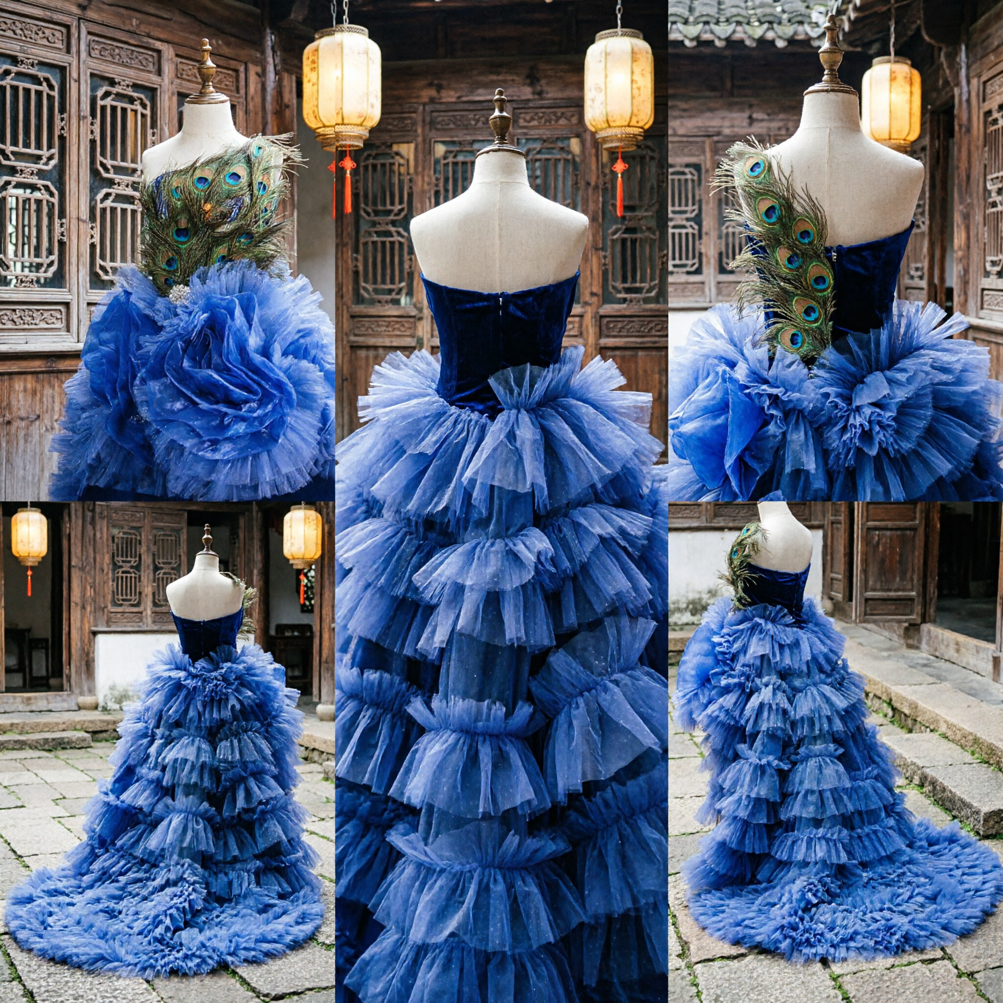 Women's Royal Blue Peacock Feather Dress Stage Performance Costume Traditional Dance Gown with Voluminous Ruffled Skirt - Asian Costume