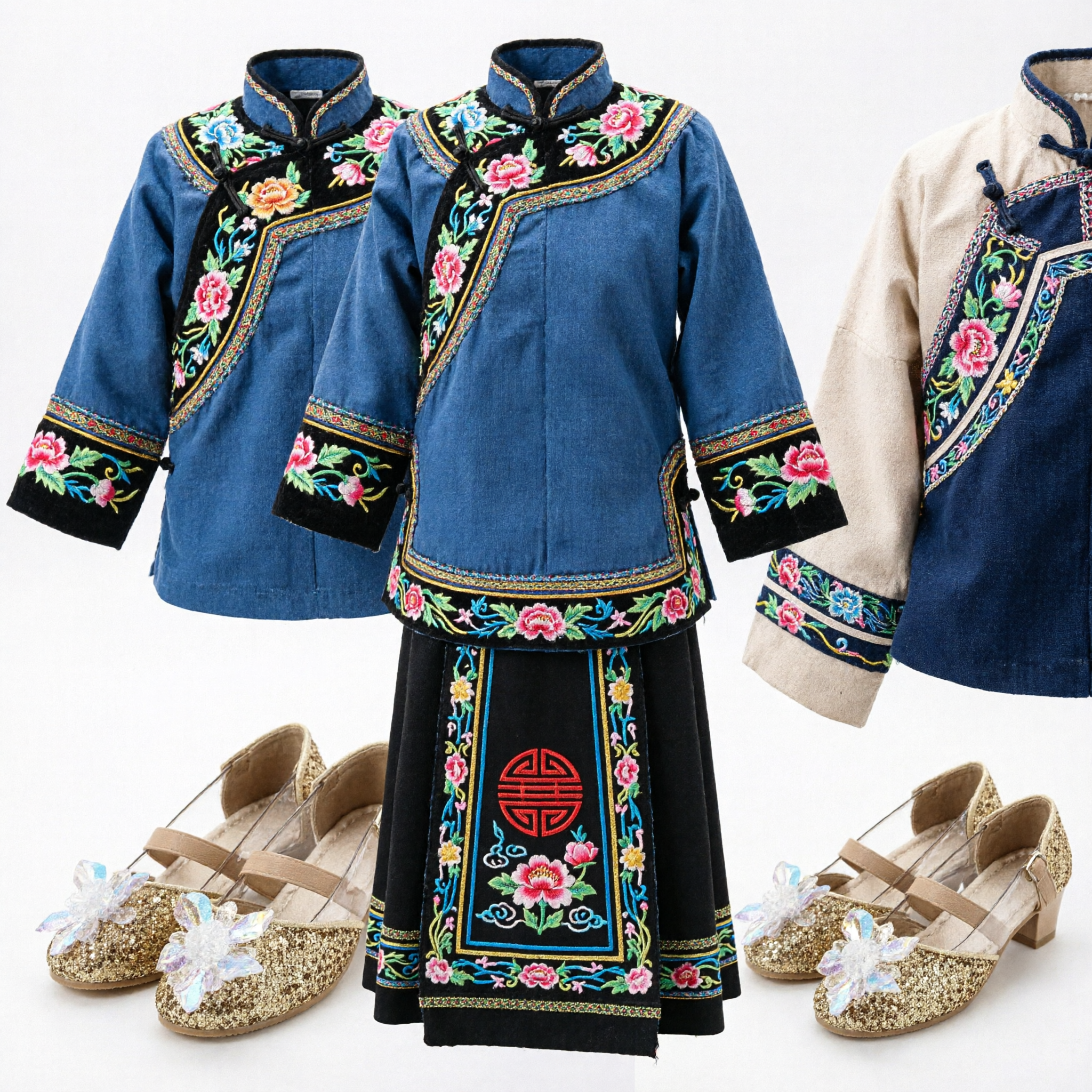 Zapatos Mary Jane Dorados con Purpurina y Mariposa Brillante para Niñas, para Bodas, Fiestas y Trajes Tradicionales - Asian Costume