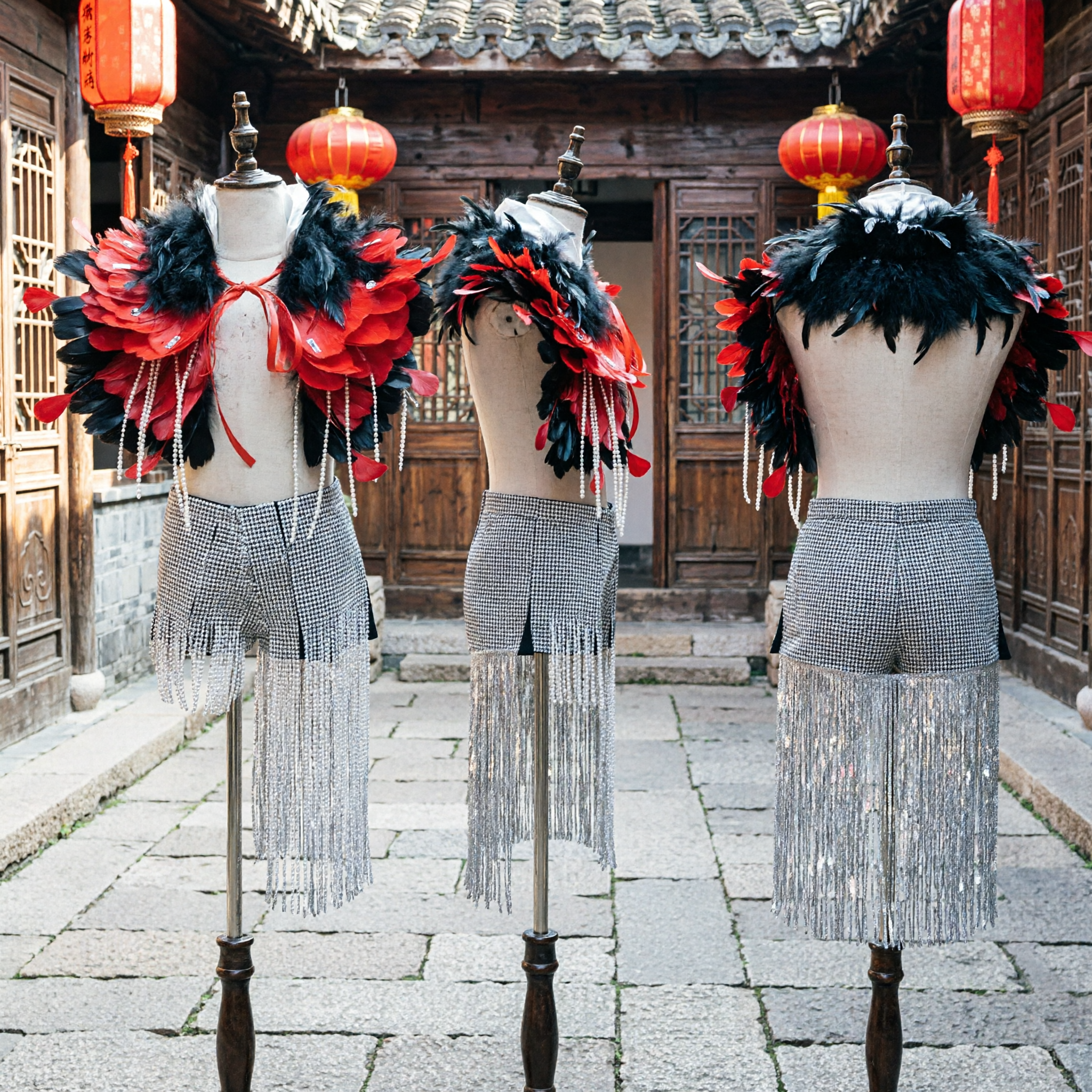 Изысканный красный и черный наплечный воротник из перьев с поясом с серебряной бахромой и стразами для женских сценических танцевальных выступлений - Asian Costume