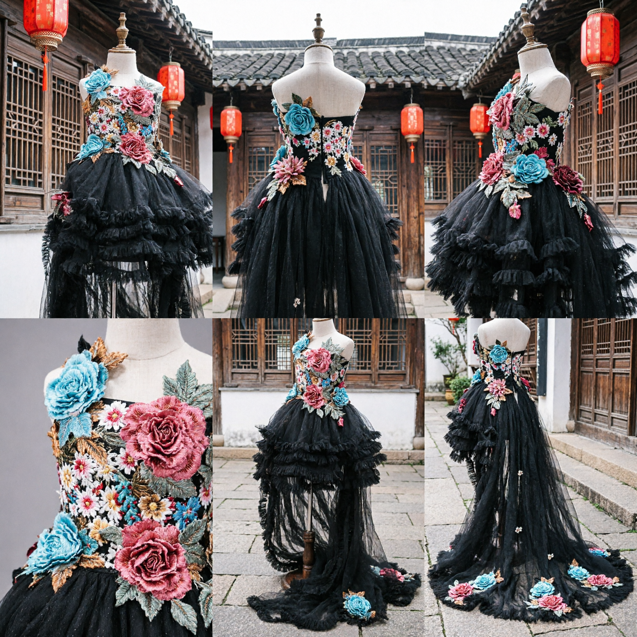 Zwarte Bloemen Geborduurde Halterjurk met Gelaagde Gerimpelde Rok voor Podium Optreden en Danskostuum - Asian Costume