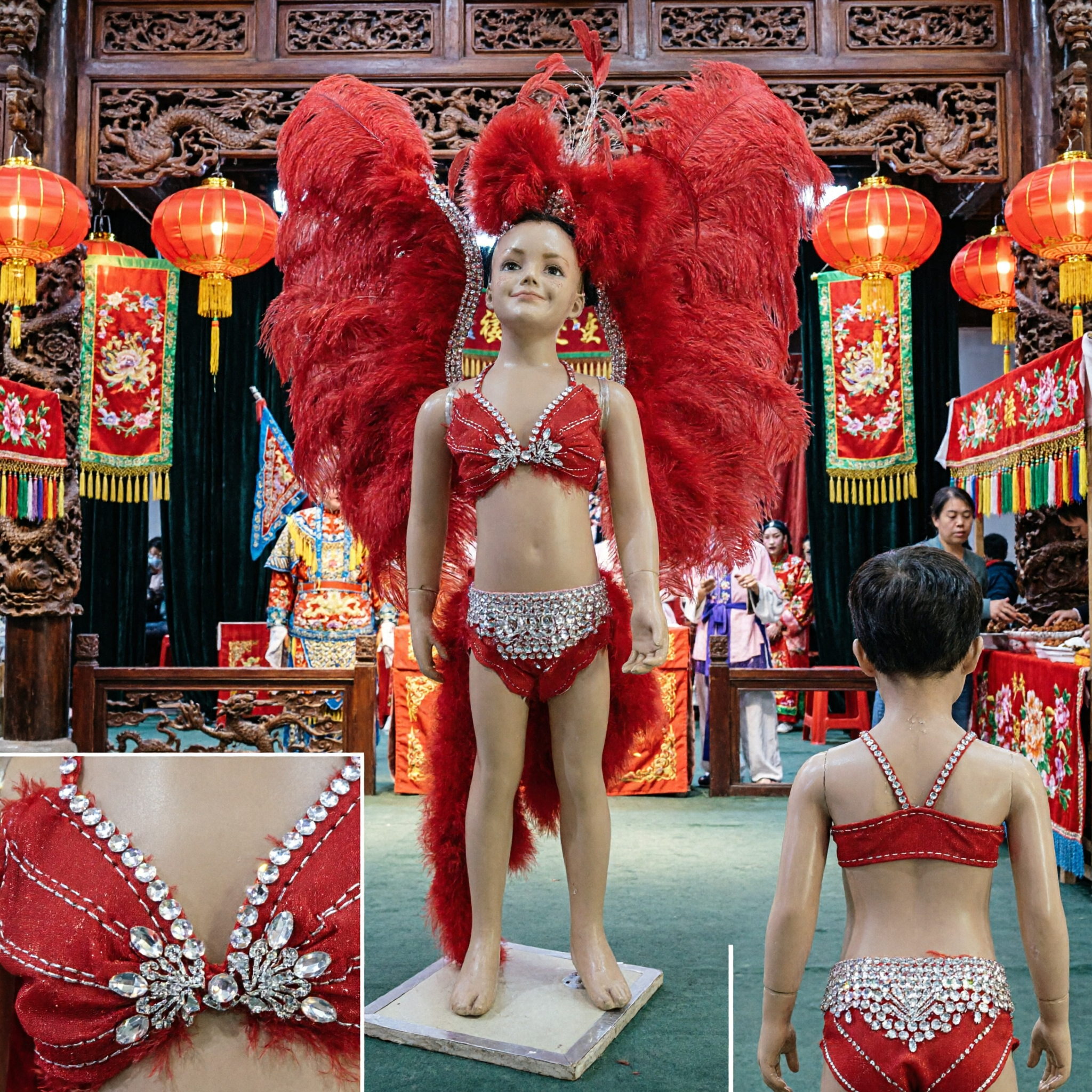 子供用レッドフェザーサンバカーニバル衣装 羽根ウィング・ヘッドピース・ビキニセット ステージダンスパフォーマンス用 - Asian Costume