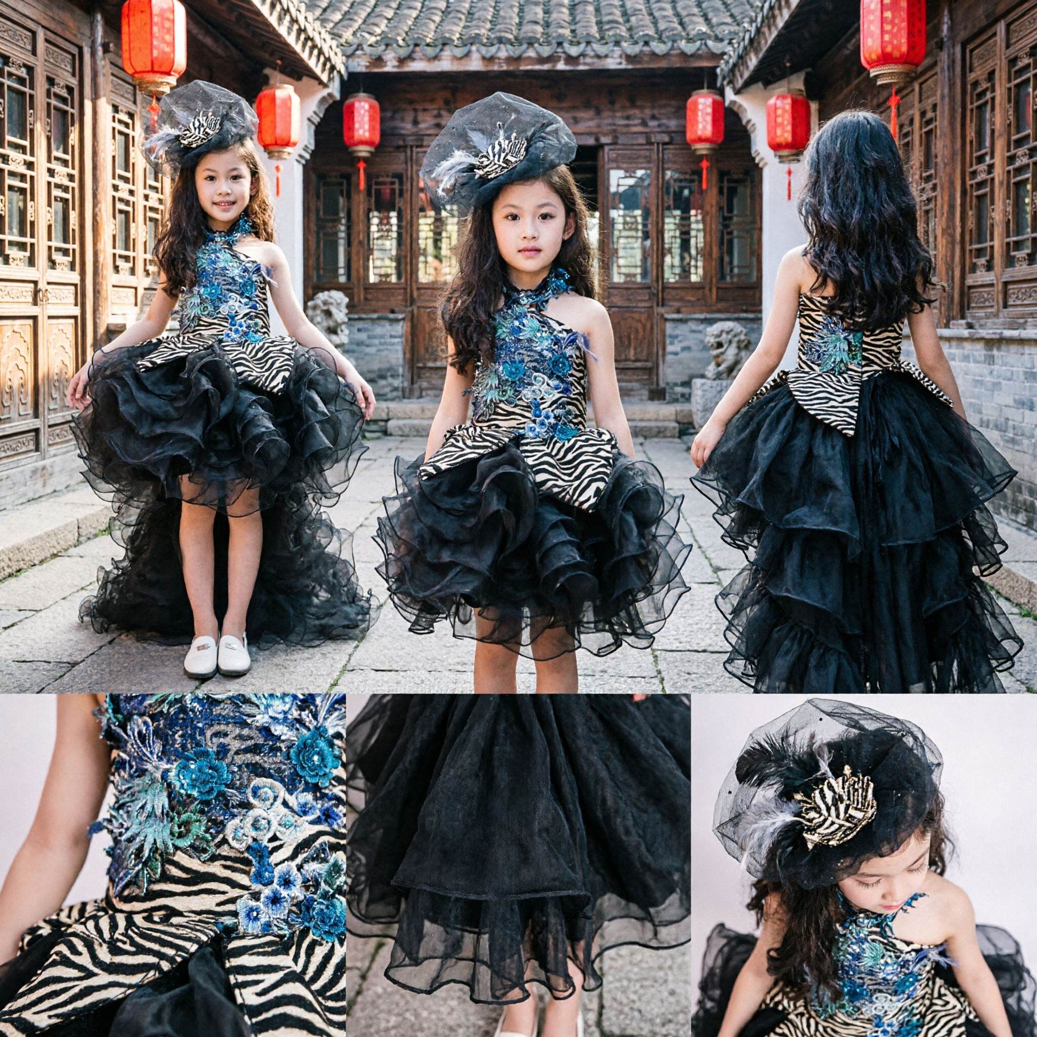 Elegantes Mädchen Bühnenauftrittskleid mit Blumen Pailletten Mieder, Zebra-Print Taille und Schwarz Rüschen-Tüll Rock - Asian Costume