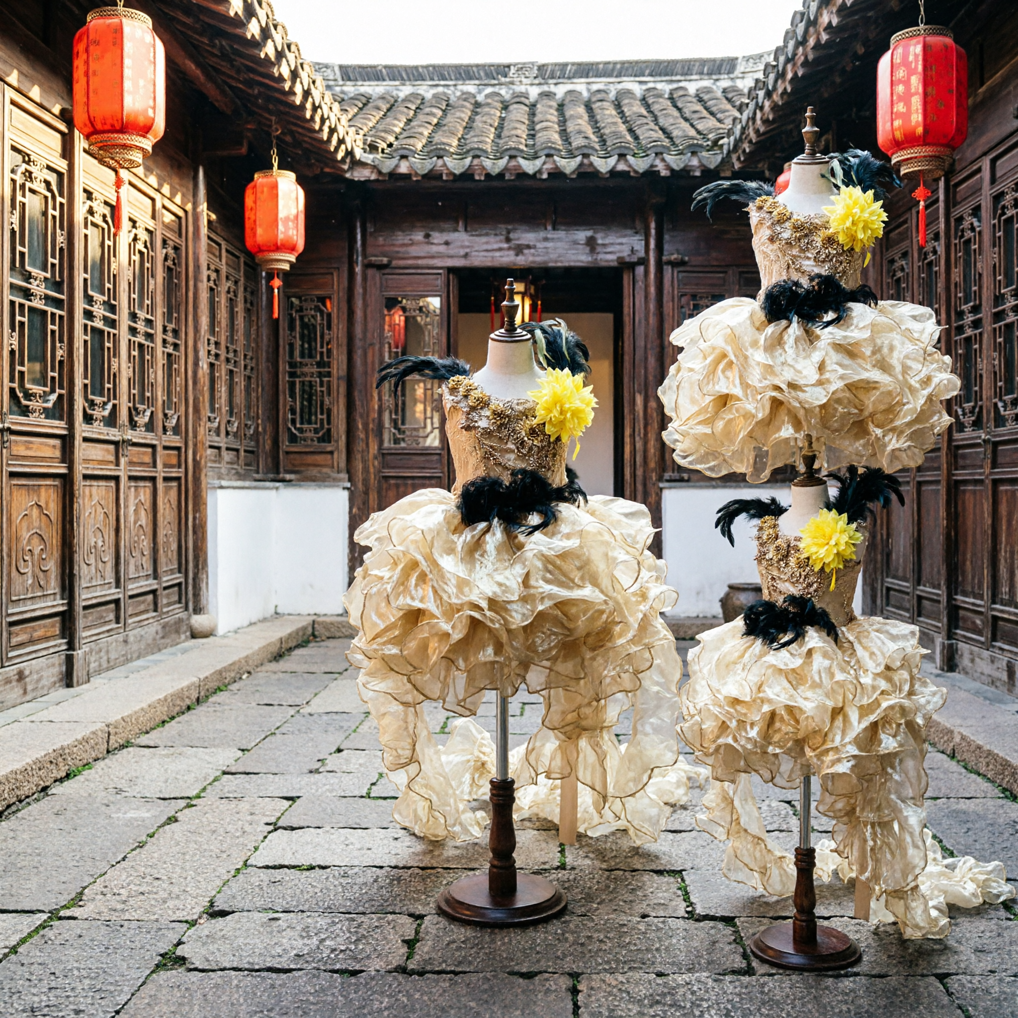 Meisjes Gouden Latijnse Dansjurk Pailletten Balzaal Podiumkostuum met Veren en Gerimpelde Rok - Asian Costume