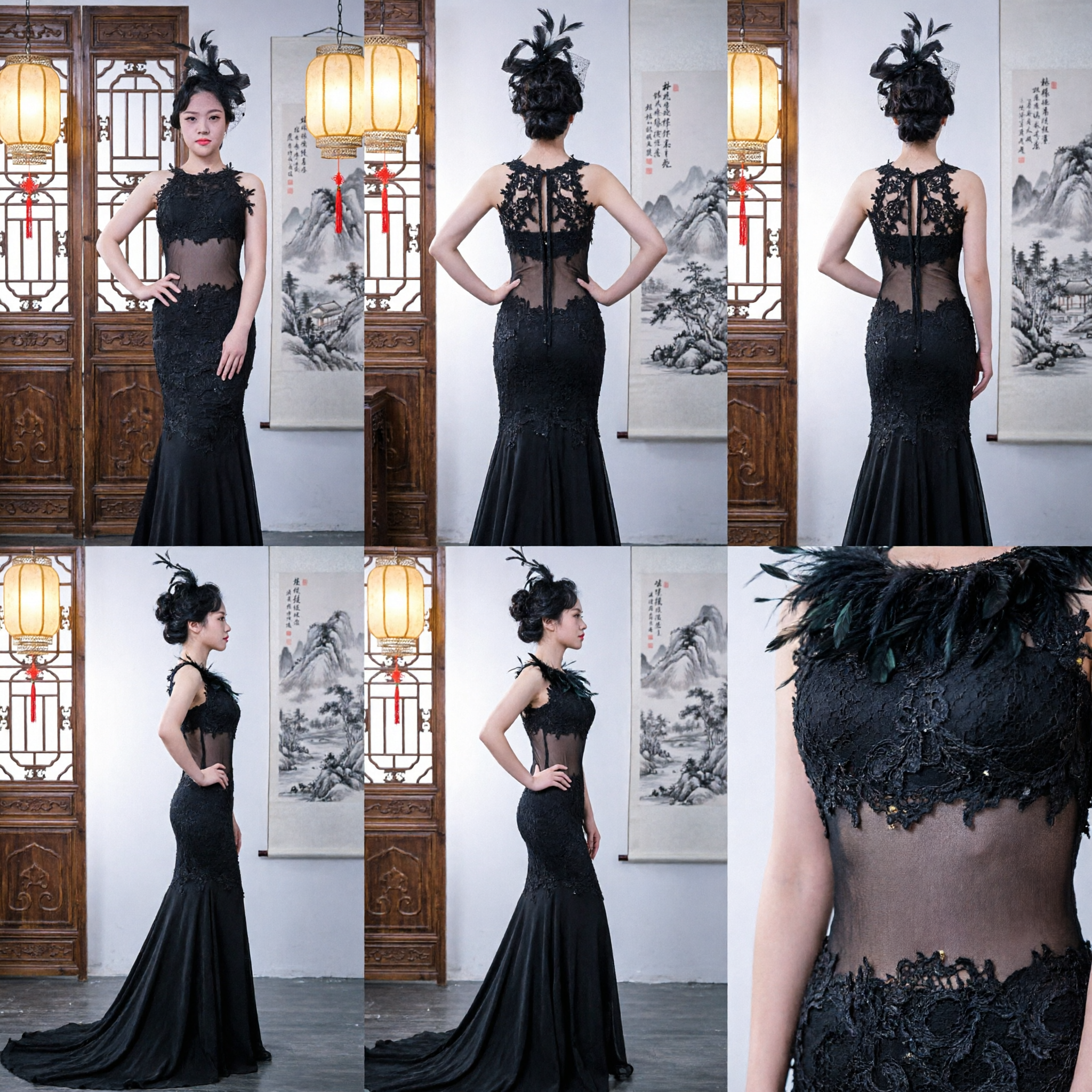 Elegant Black Lace Mermaid Evening Gown with Sheer Panel for Women's Formal Prom and Stage Hosting - Asian Costume