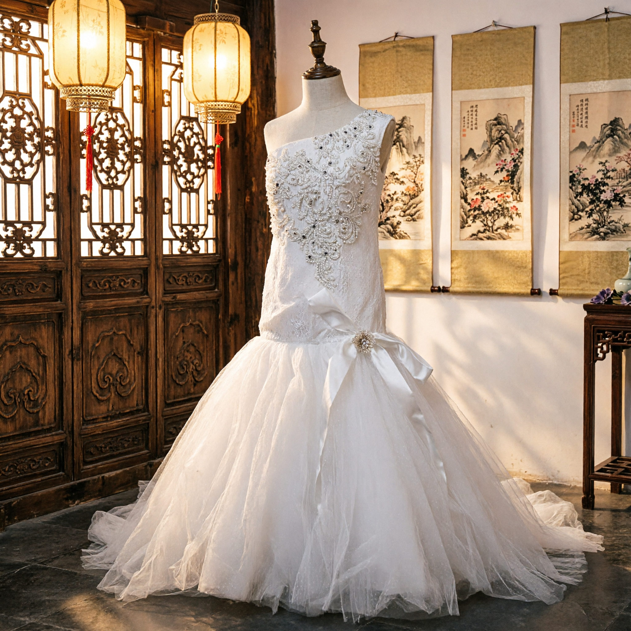 엘레강스 원숄더 화이트 브라이덜 가운 (비드 보디스와 툴 인어 스커트, 웨딩용) - Asian Costume