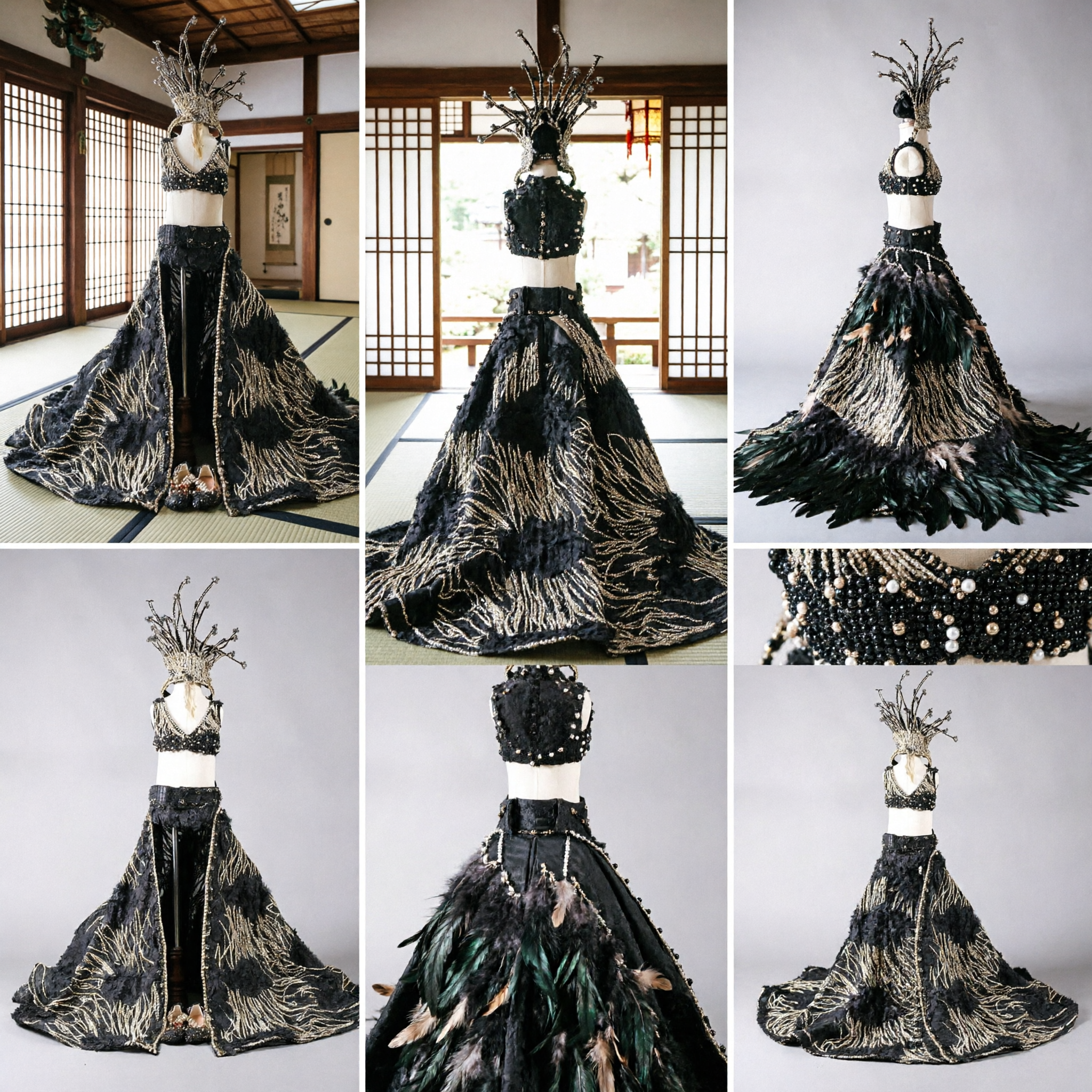 زي استعراضي أسود بالترتر للنساء مع غطاء رأس متقن لأداء الرقص المسرحي المحترف - Asian Costume