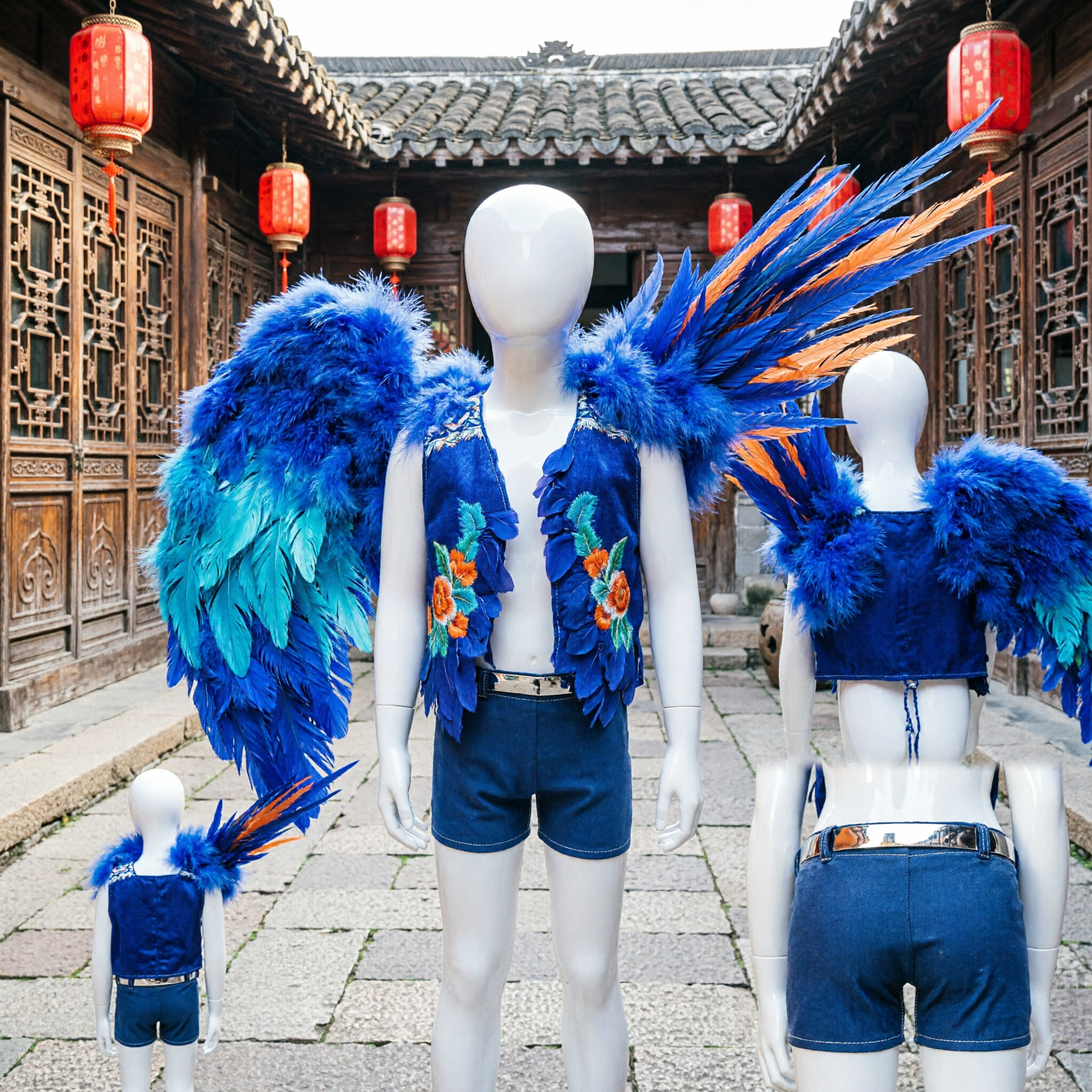 Ensemble de costume de samba carnaval avec ailes à plumes bleues vibrantes, gilet et short à paillettes pour performance scénique - Asian Costume