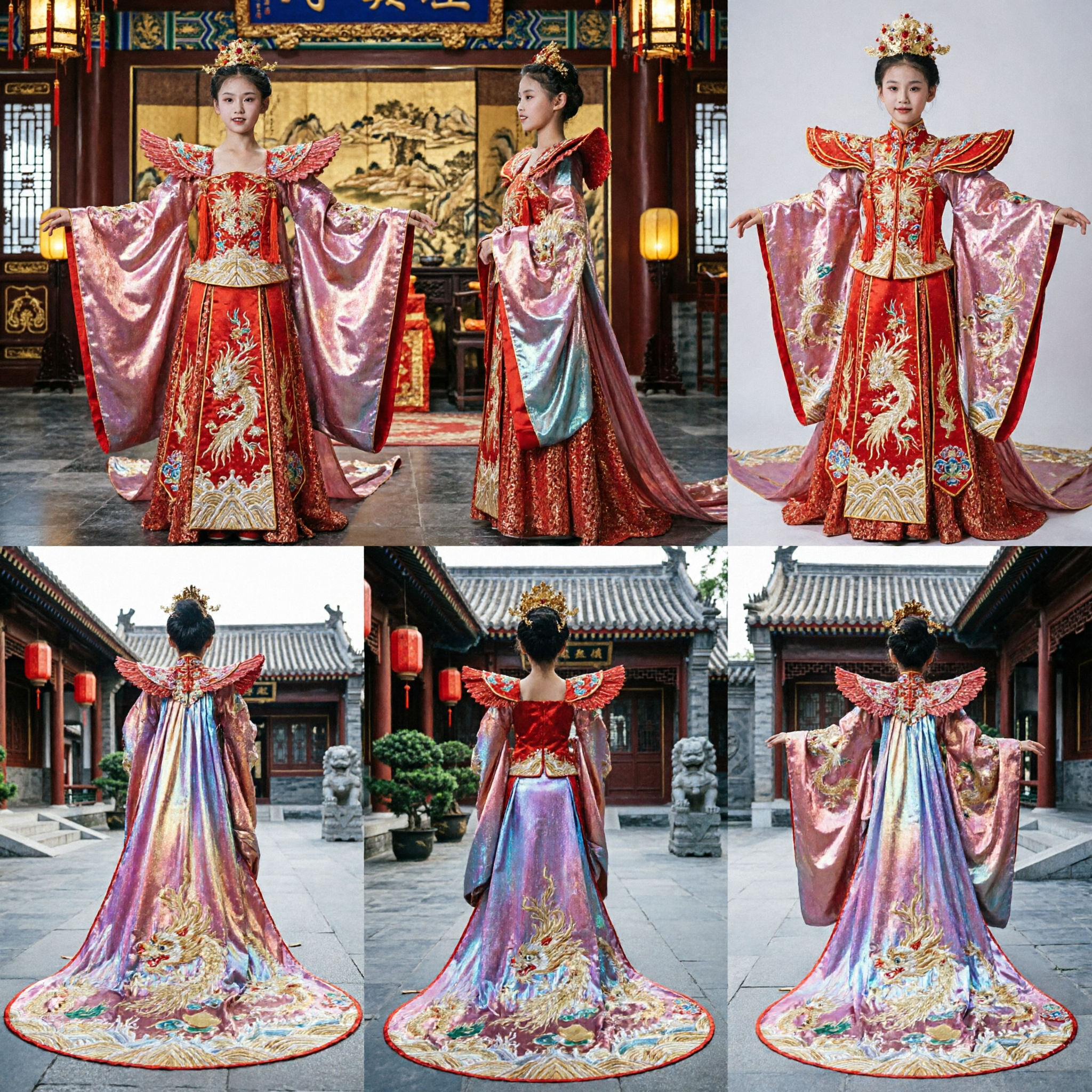 Czerwona suknia konkursowa z cekinami dla dziewczynek z tęczowymi skrzydłami motyla na sceniczne występy taneczne - Asian Costume