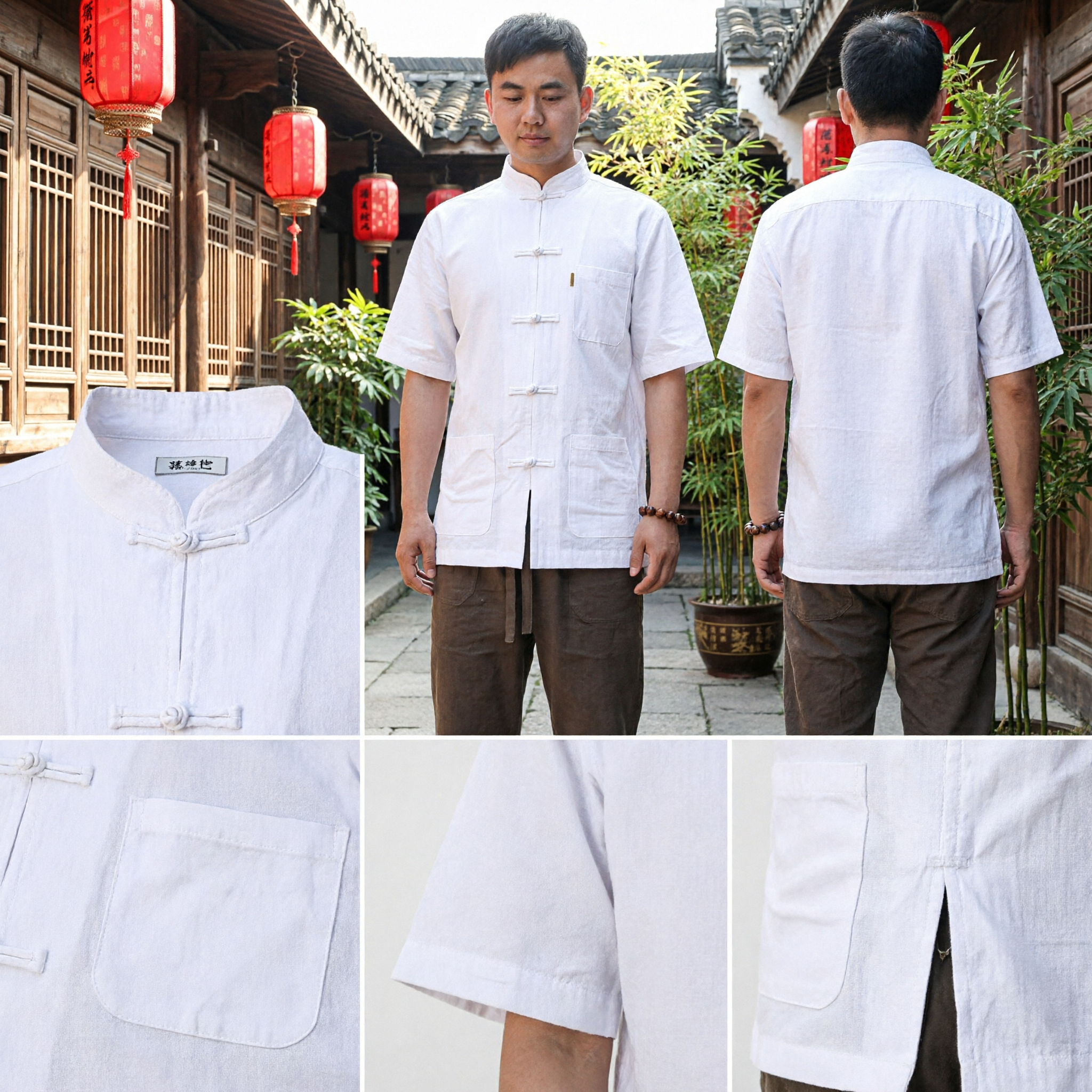 Camisa Tradicional Chinesa Tang Suit de Manga Curta em Linho para Homens, Top Casual de Kung Fu e Tai Chi - Asian Costume
