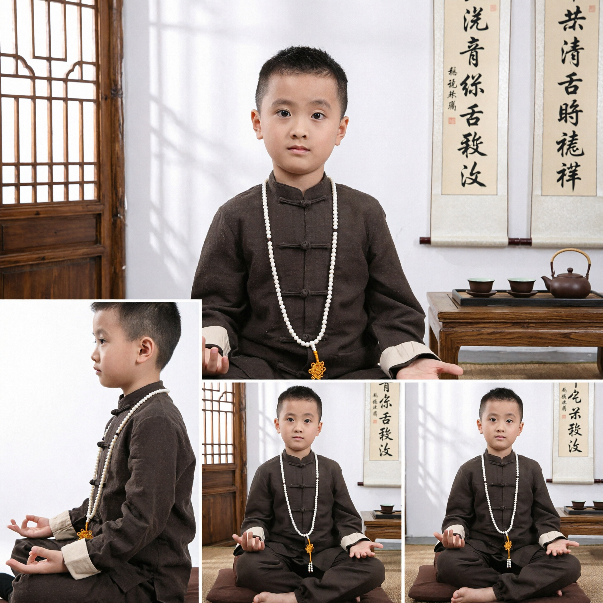 Uniforme da Kung Fu Tradizionale Cinese per Bambini Maschi, Tang Suit, Costume per Arti Marziali e Meditazione, Marrone - Asian Costume