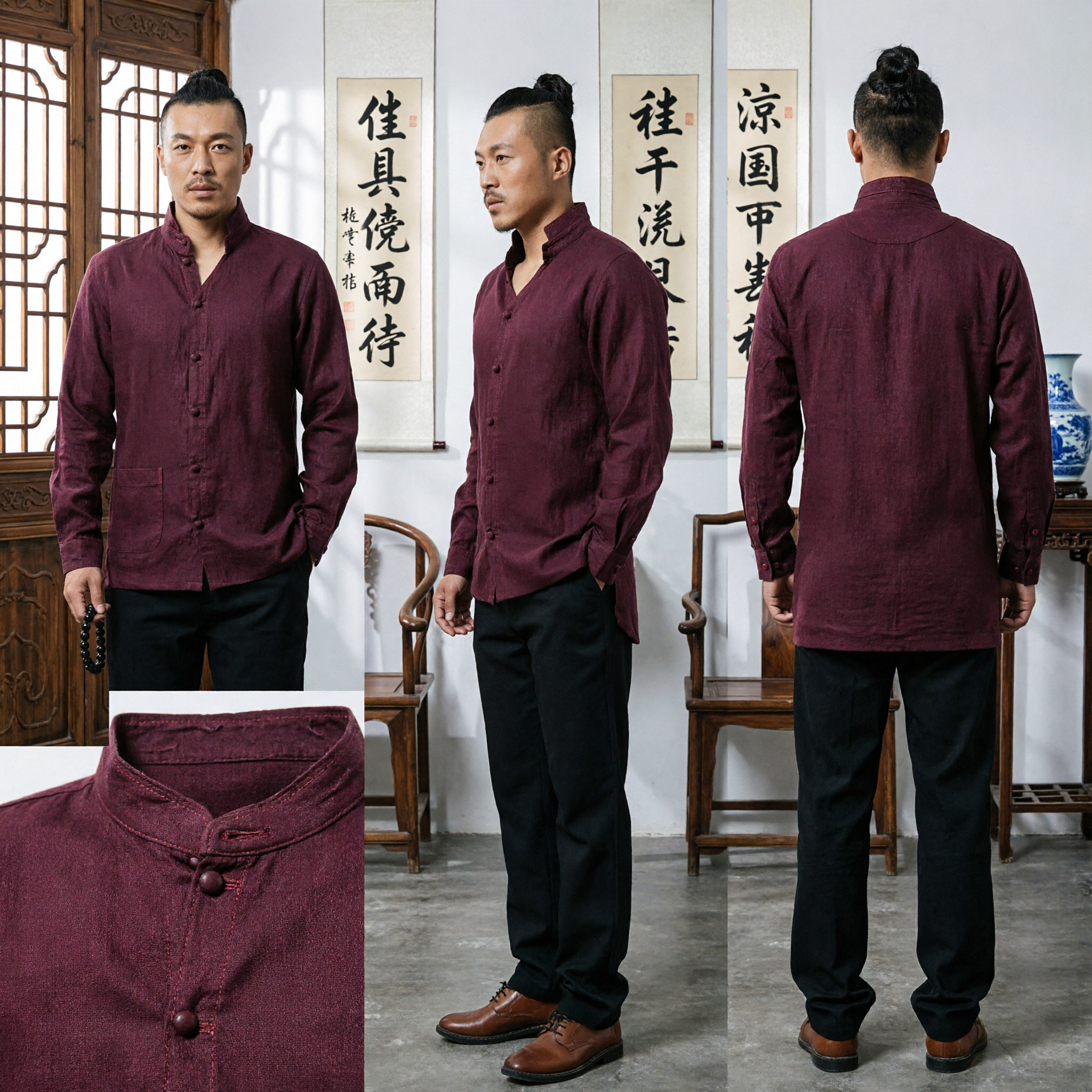 Camisa Tradicional Chinesa Tang Suit para Homens, Top com Colarinho Mandarim Bordô, para Kung Fu, Meditação Zen e Uso Casual - Asian Costume