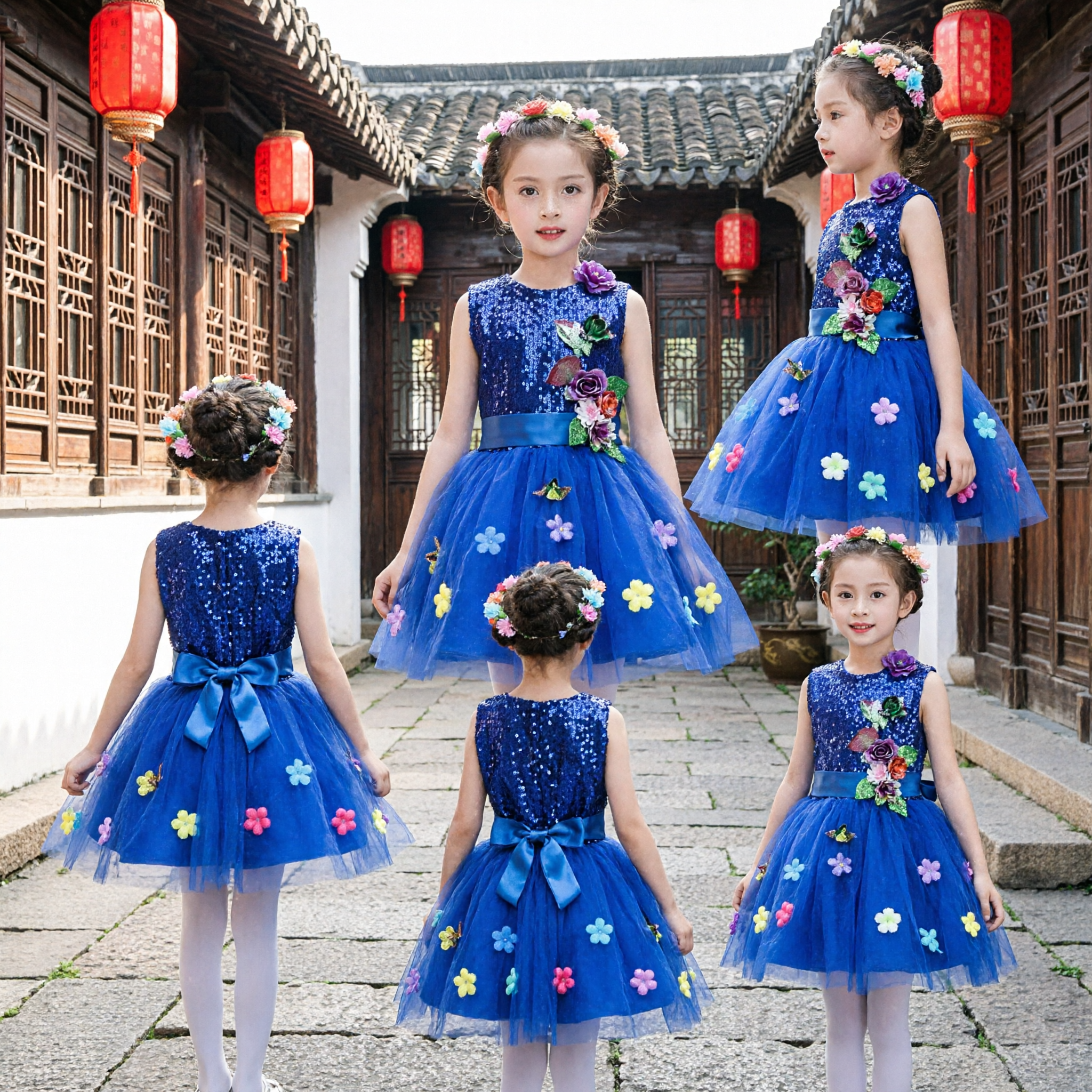 女の子ロイヤルブルーシークインチュチュドレス 3Dフラワーとヘッドバンド付き ダンスパフォーマンス用 - Asian Costume