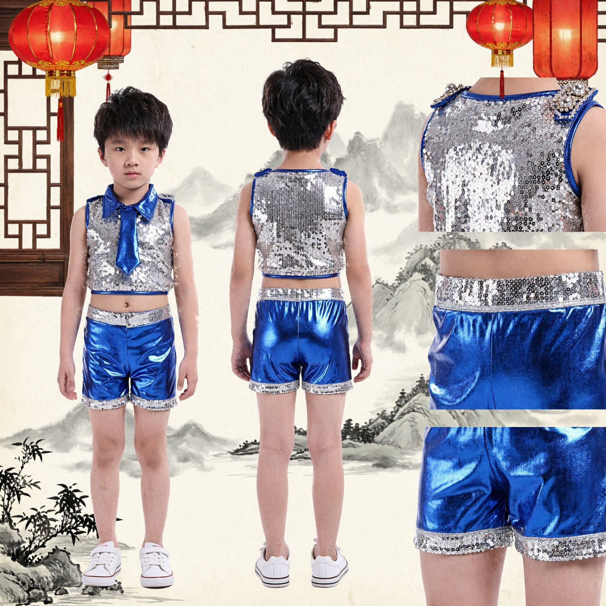 Jungen Jazz-Tanz-Kostüm Blau Silber Pailletten Trägeroberteil und Shorts-Set für Bühnenauftritt - Asian Costume