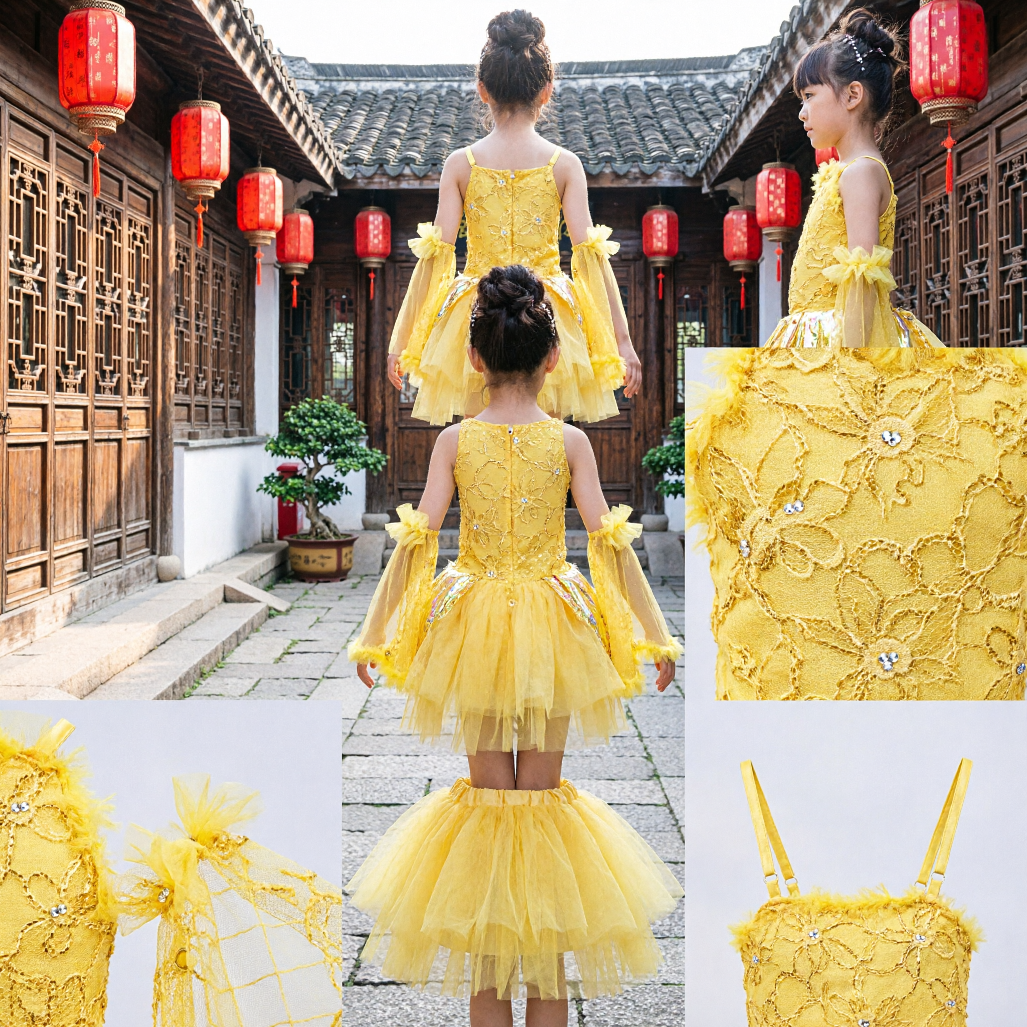 Gelbes Schmetterling-Tanz-Kostüm für Mädchen Kinder Feen-Flügel-Kleid Bühnen-Aufführungs-Outfit - Asian Costume