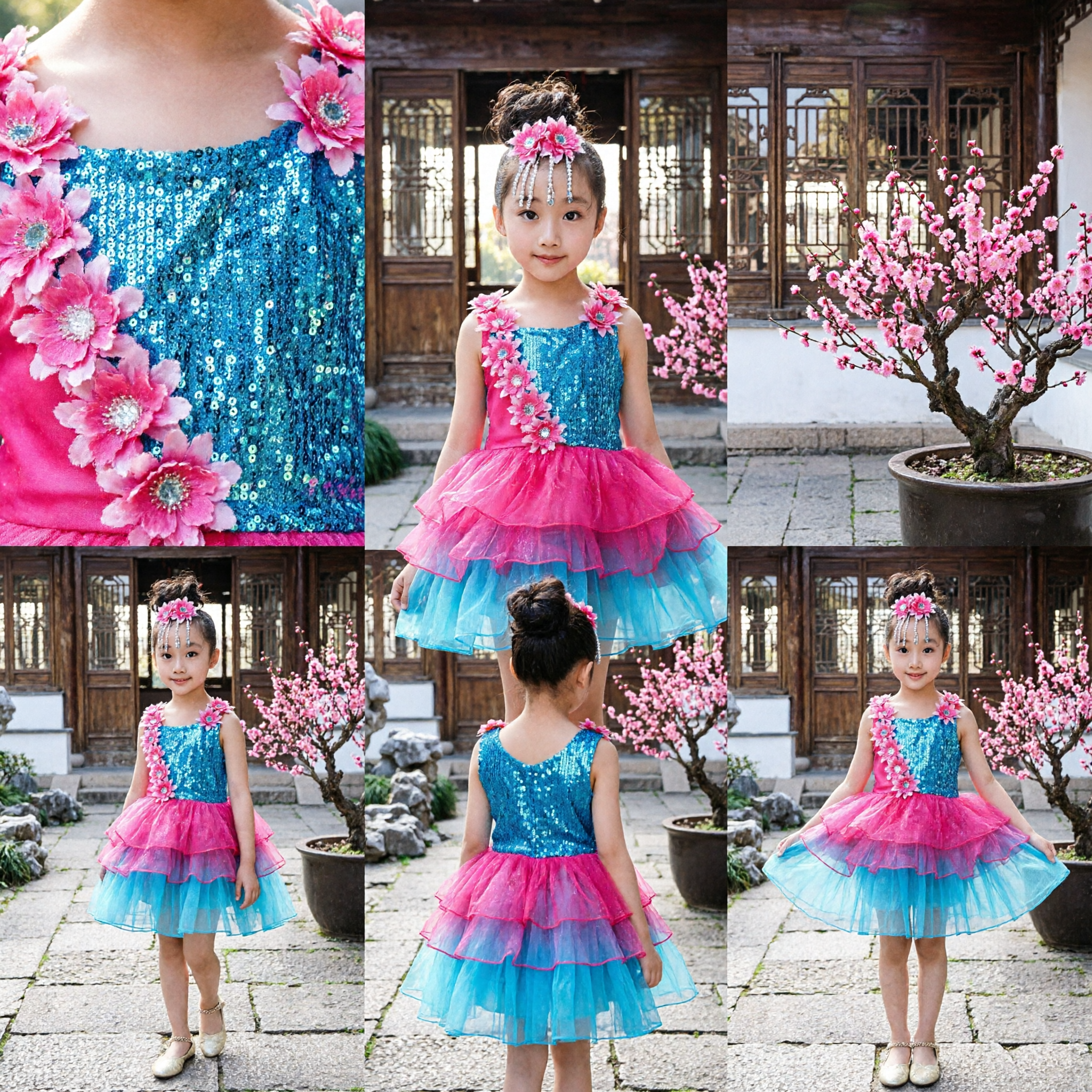Costume Danza Latina per Ragazze Vestito Tutù Blu Rosa con Paillettes per Spettacolo Bambine con Diadema Floreale - Asian Costume
