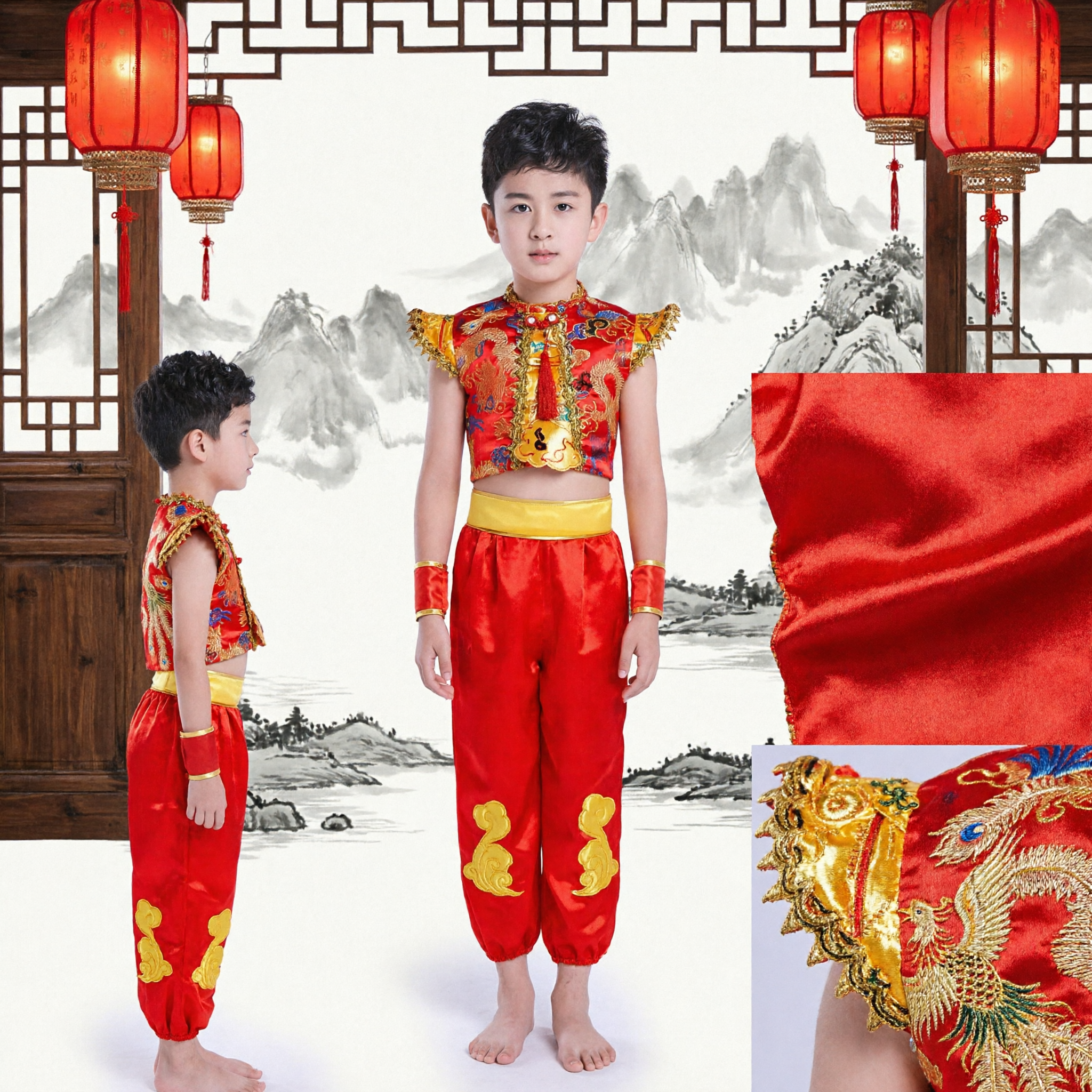 Costume Kung Fu Tradizionale Cinese per Ragazzi con Ricamo Drago Rosso per Danza Folcloristica e Arti Marziali - Asian Costume