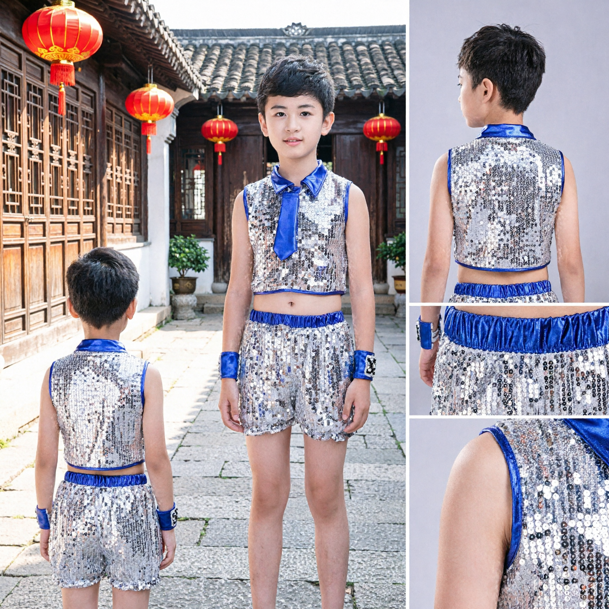 Jungen Silber Pailletten Jazz-Tanzkostüm Hip Hop Bühnenaufführungs-Outfit mit blauer Krawatte - Asian Costume
