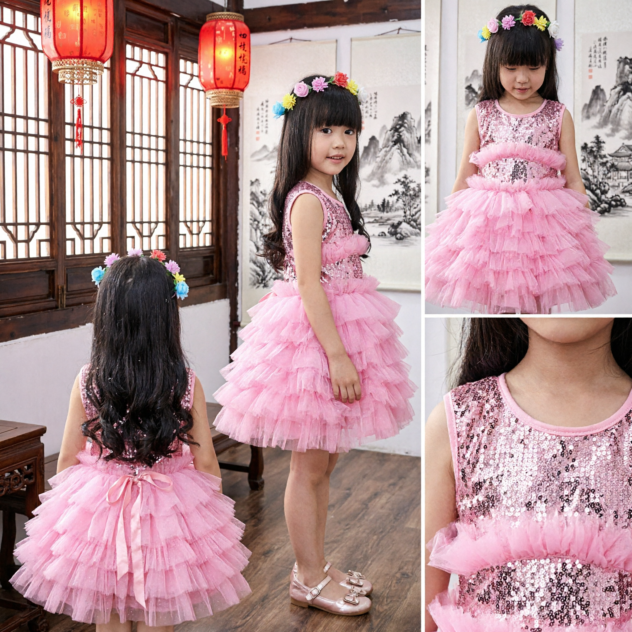 Meisjes Roze Glitter Tutu-jurk met Bloemen Hoofdband voor Feest Dans Optreden Prinses Kostuum - Asian Costume