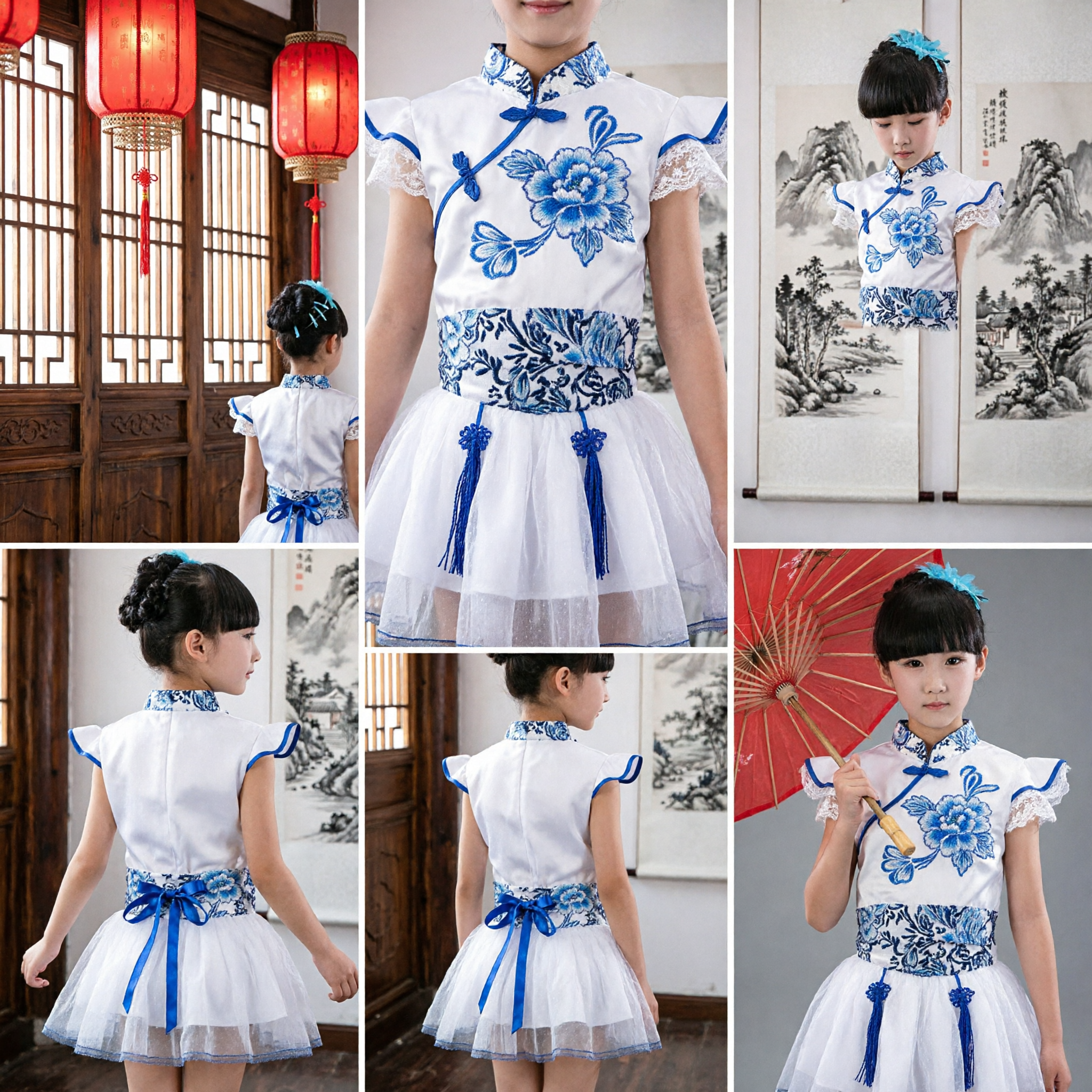 Robe Cheongsam Traditionnelle Chinoise Bleue et Blanche Porcelaine pour Filles Costume de Danse Folklorique avec Parapluie - Asian Costume