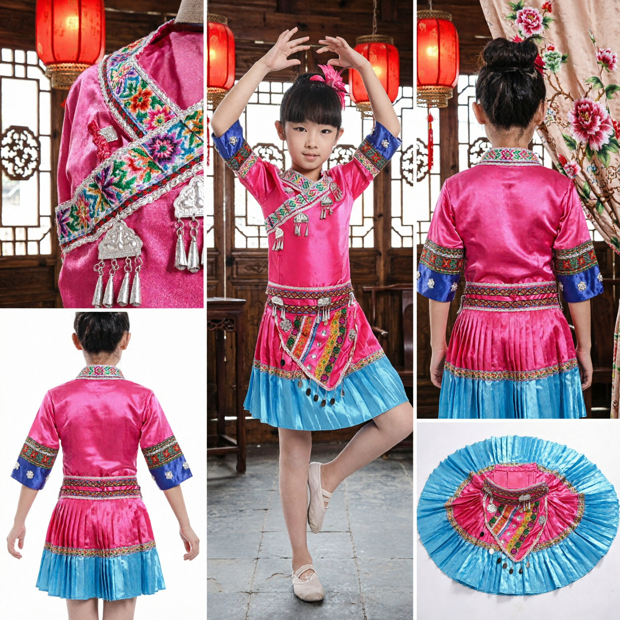 Traje de Danza Folclórica de la Minoría Miao China para Niñas, Vestido Tradicional con Bordados para Presentaciones en Escenario - Asian Costume