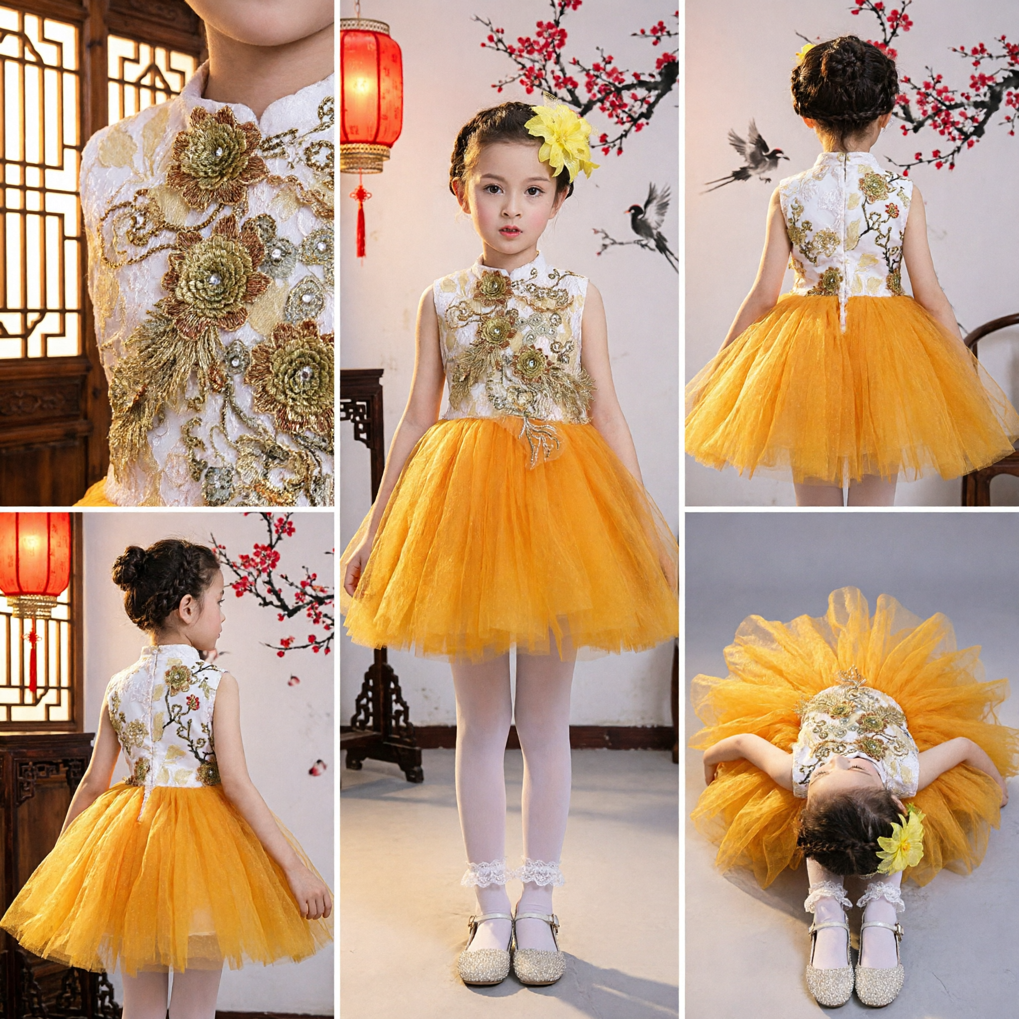 Vestito Tutù Tulle Giallo per Bambine Ragazze con Top Cheongsam Cinese Tradizionale Ricamo Floreale per Feste e Spettacolo - Asian Costume