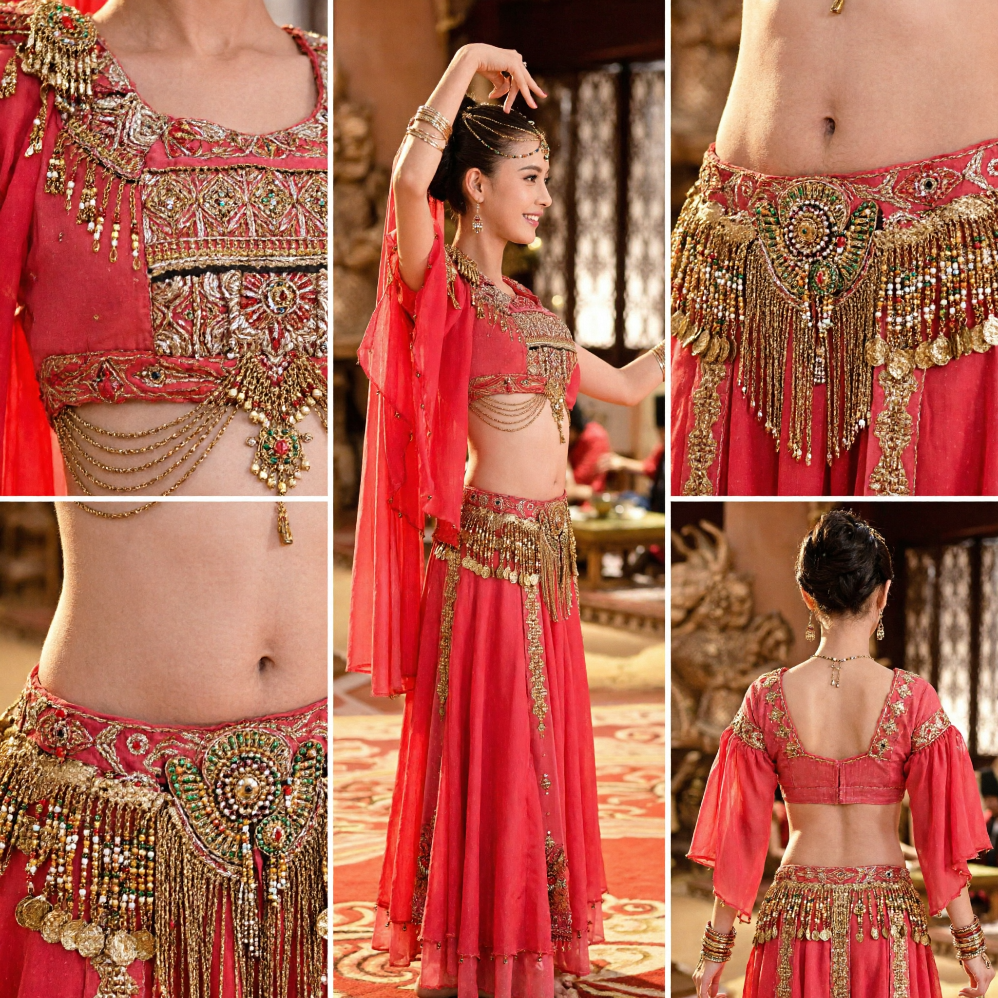 Damen Rotes Dunhuang Fliegende Apsaras Tanzkostüm Traditionelles Chinesisches Bühnenaufführungs-Outfit mit Gold-Accessoires - Asian Costume