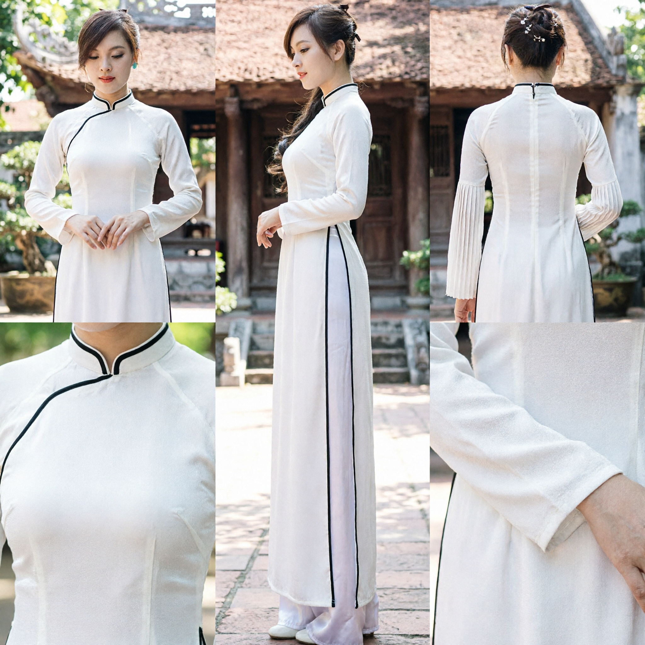 Elegantes Weißes Vietnamesisches Áo Dài Traditionelles Seidenlanges Kleid für Damen Hochzeitszeremonie Kulturkostüm - Asian Costume