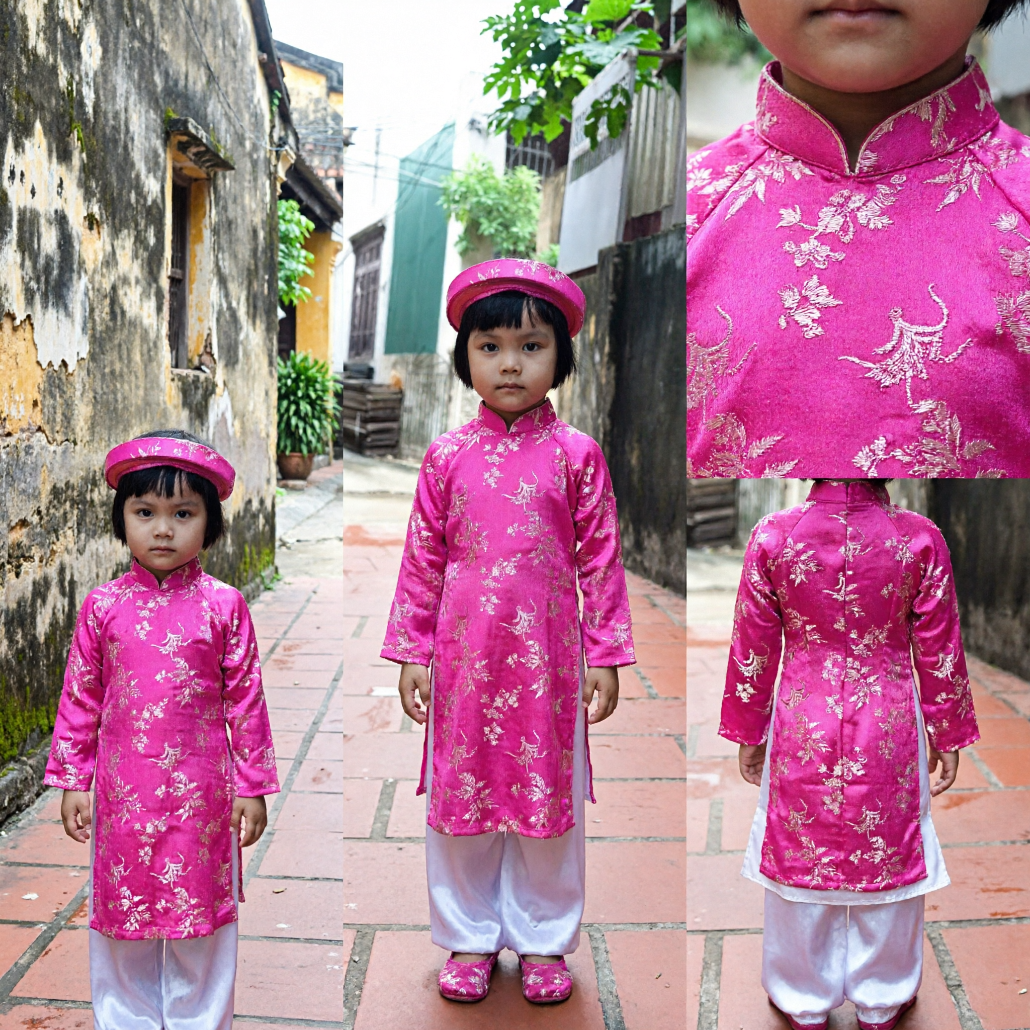 Kinderen Vietnamese Áo Dài Traditioneel Kostuum Roze Zijden Tuniek Broek en Hoofdtooi voor Tet Festival - Asian Costume