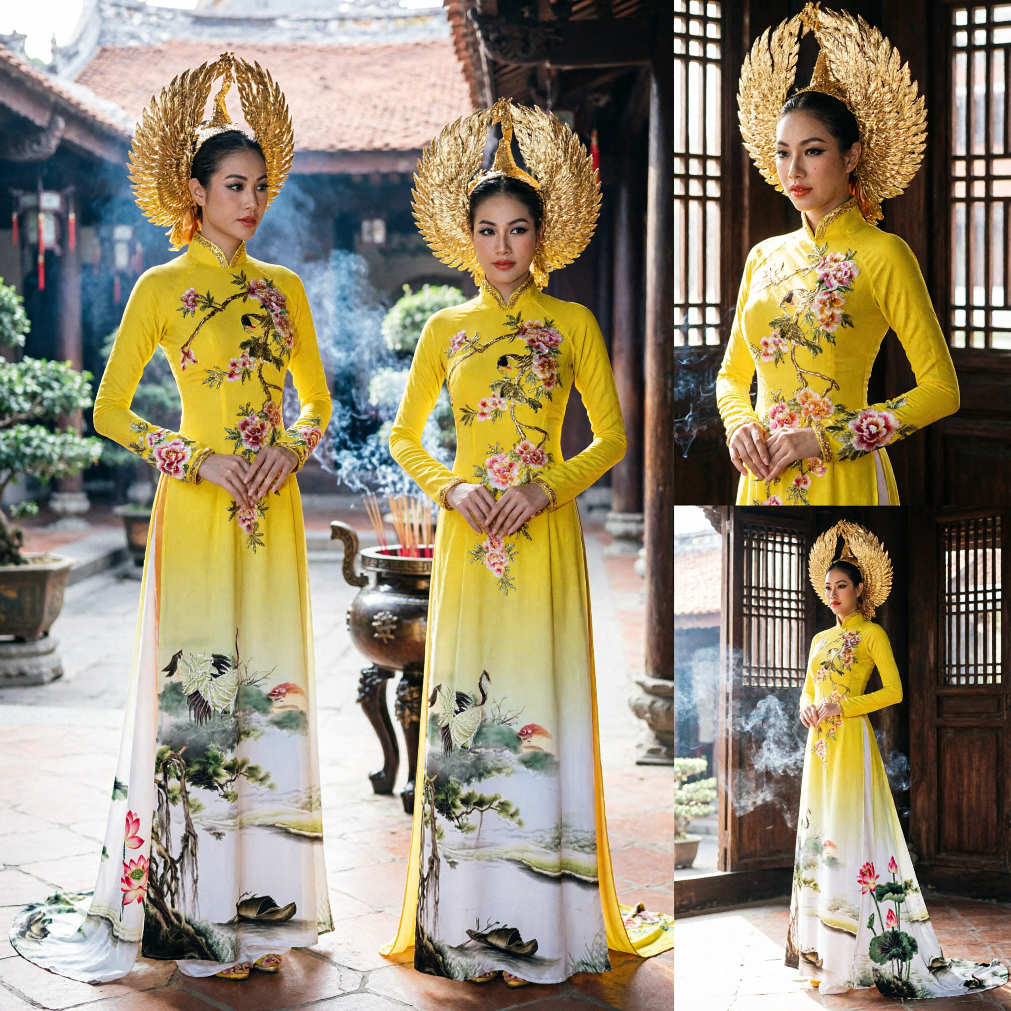 Elegantes Gelbes Vietnamesisches Áo Dài Traditionelles Langes Kleid mit Blumenmuster für Damen Hochzeitszeremonie - Asian Costume