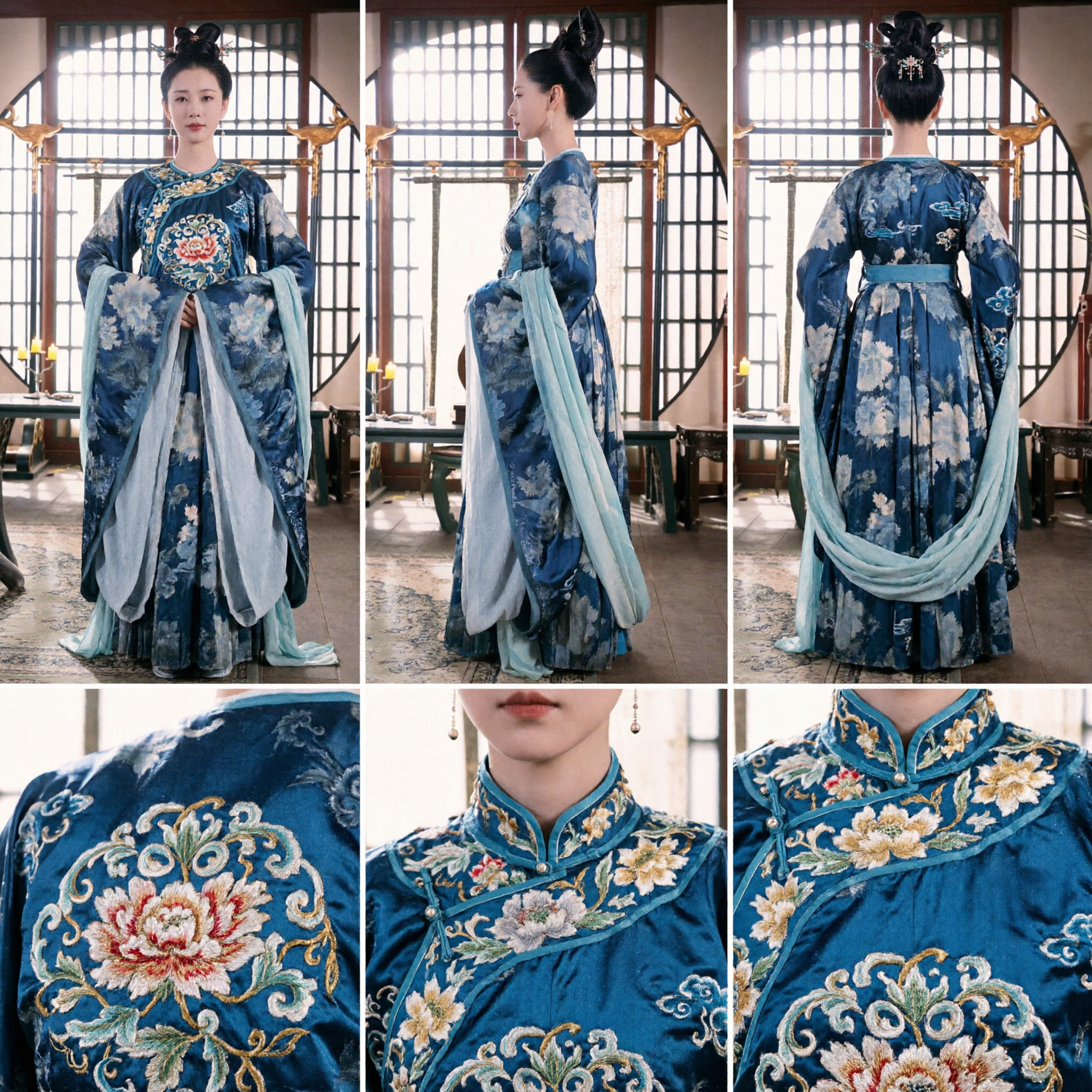 Blue Floral Print Hanfu Traditional Chinese Ancient Costume Tang Dynasty Dress for Women Cosplay - Asian Costume
