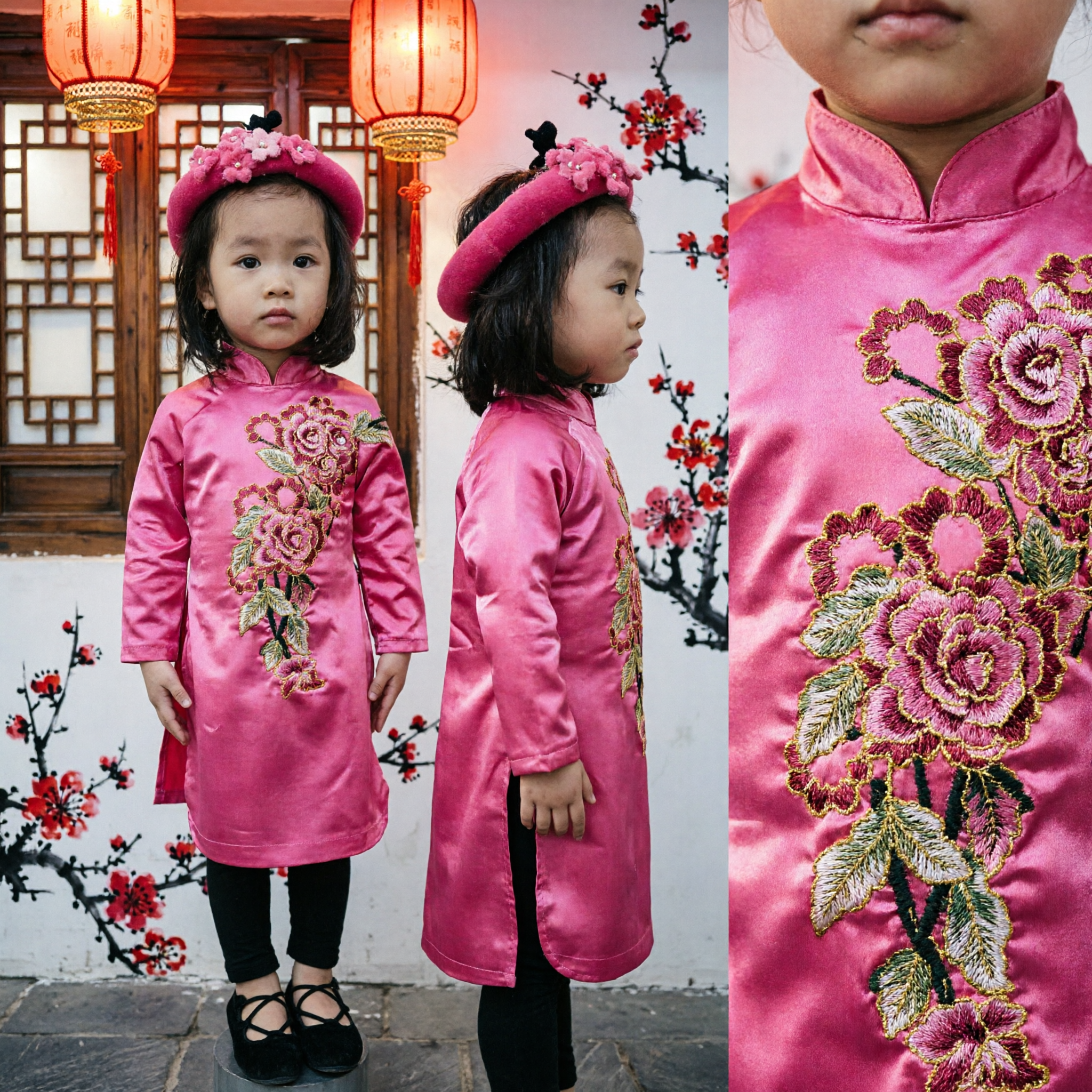 Ao Dai con Bordado Floral Rosa, Vestido Tradicional Vietnamita para Niñas y Bebés con Diadema a Juego - Asian Costume