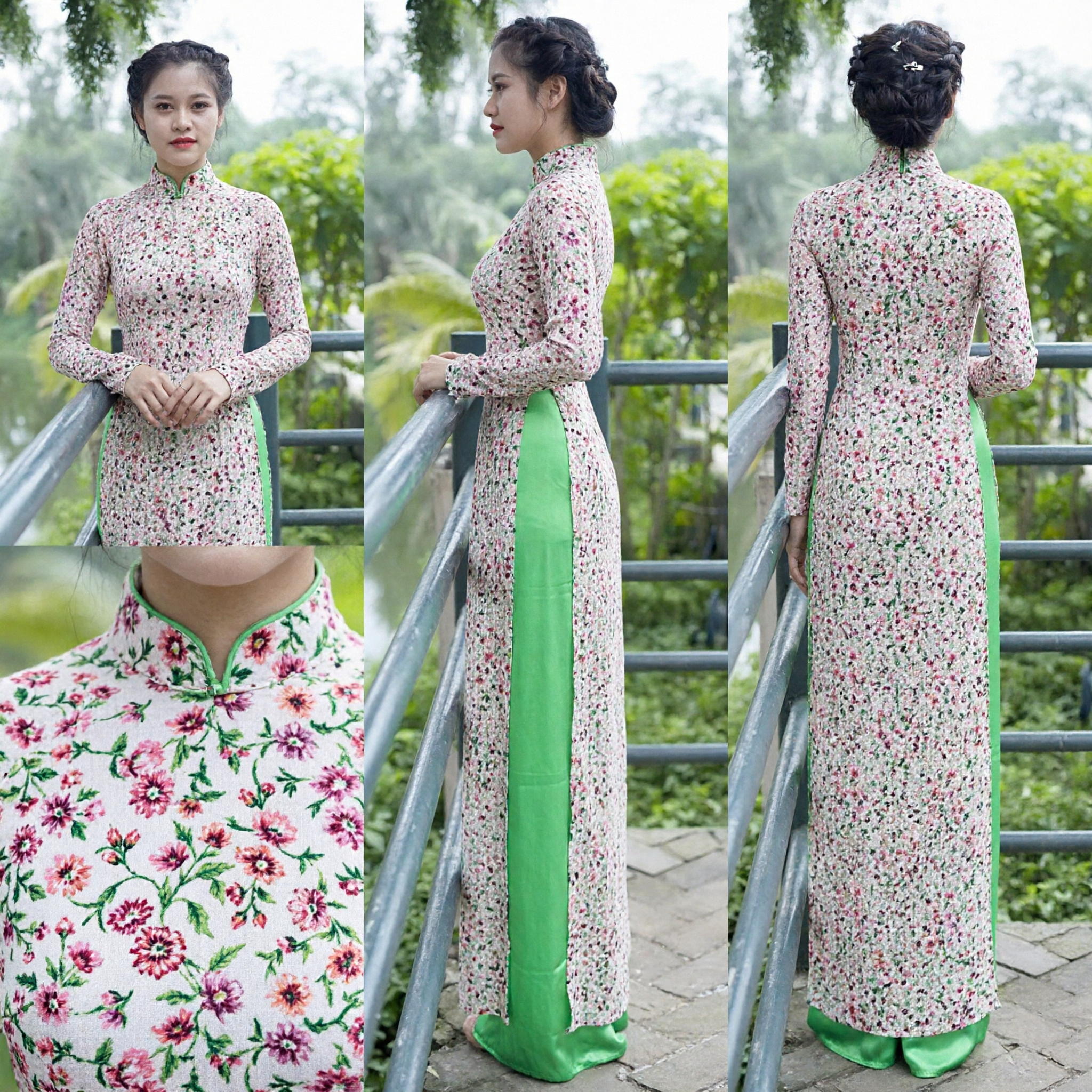 Vietnamesisches Áo Dài Traditionelles Blumenmuster Langes Kleid für Damen Hochzeitsfest Kulturkostüm - Asian Costume