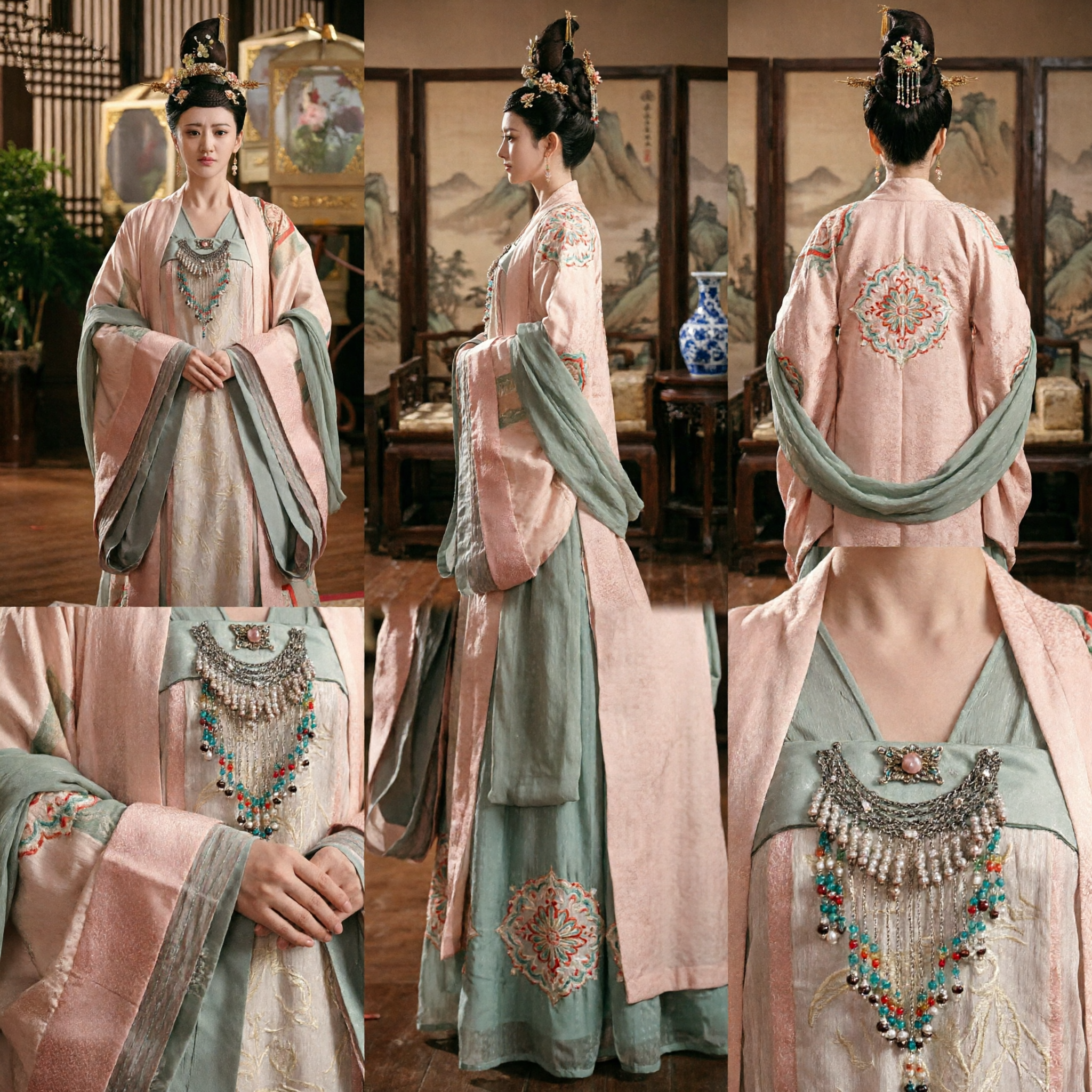Costume Elegante della Nobildonna della Dinastia Tang, Hanfu Tradizionale Cinese, Abito Rosa e Verde per Donne, Fotografia - Asian Costume