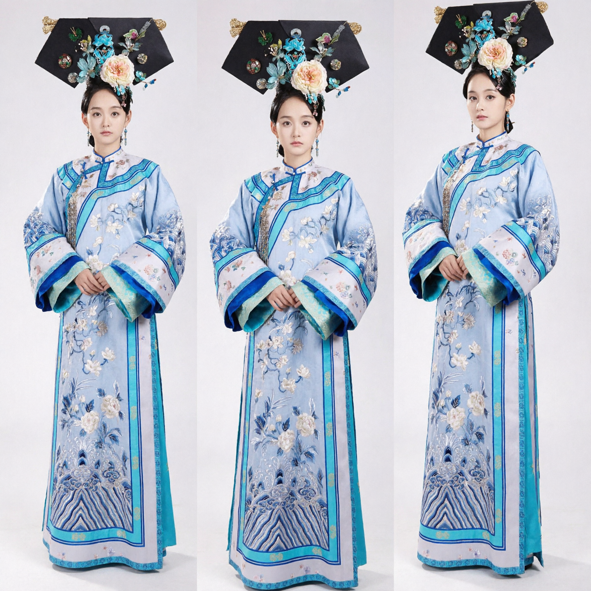 Traditioneel Chinees Qing-dynastie Mantsjoe Prinses Blauw Geborduurde Gewaad en Hoofdtooi Set voor Vrouwen Cosplay Optreden - Asian Costume