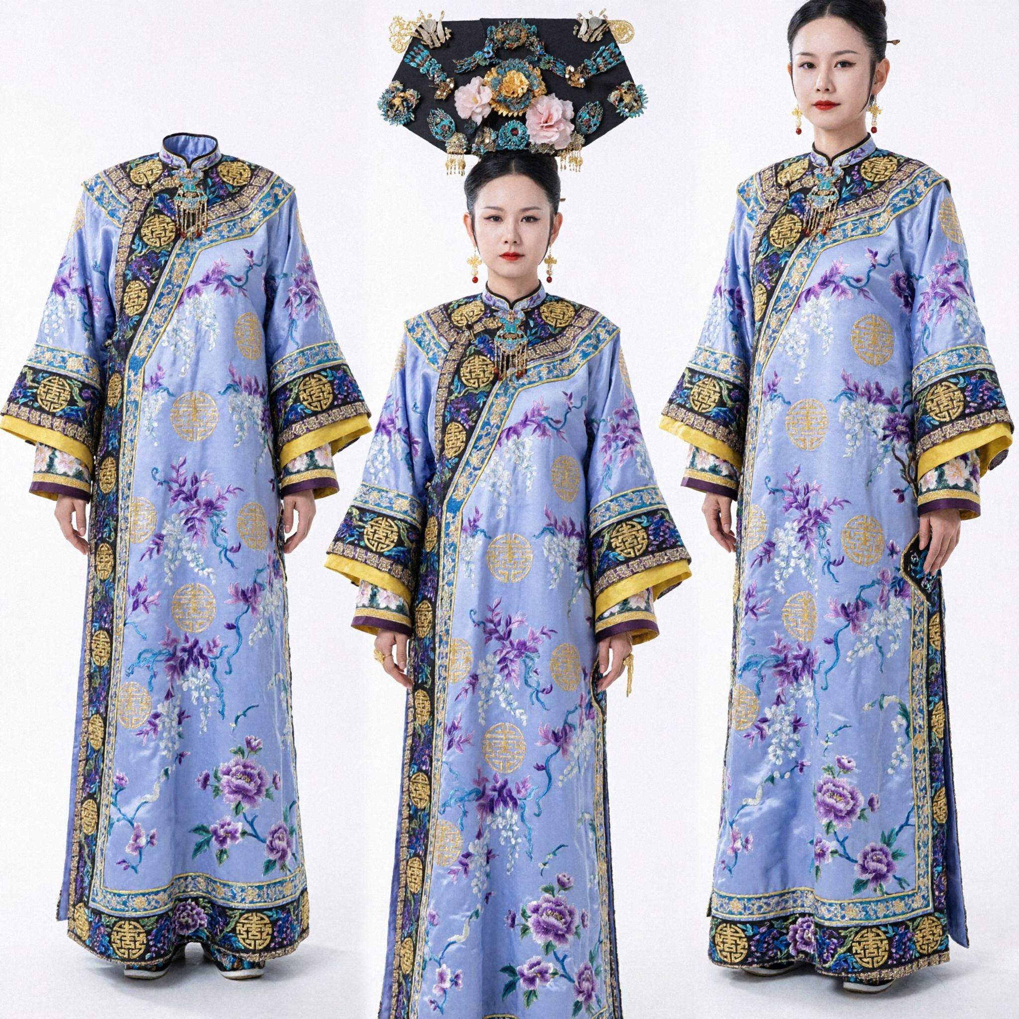 Conjunto de Princesa Manchu da Dinastia Qing, Robe Bordado e Tocado, Traje do Palácio Antigo Chinês - Asian Costume