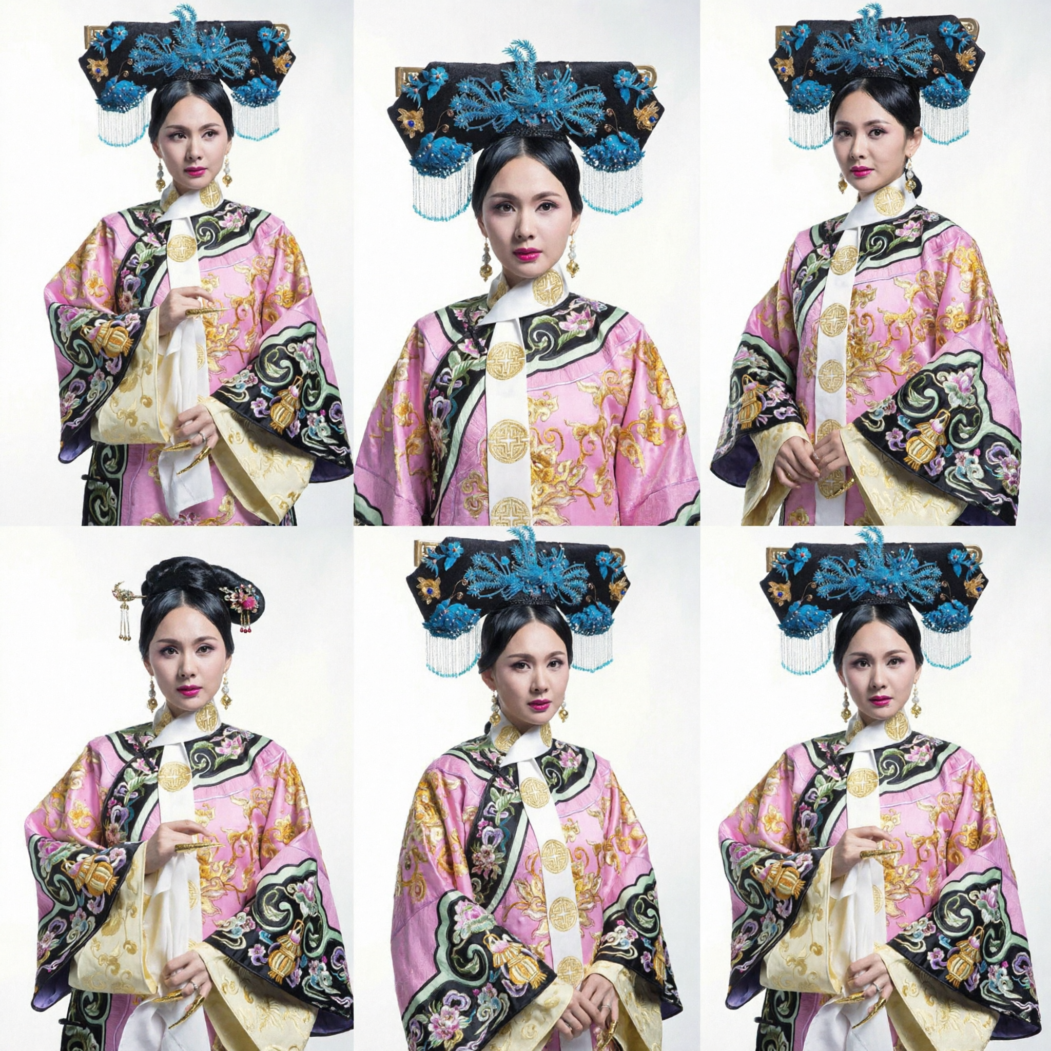 Costume de concubine de la dynastie Qing - Robe brodée rose avec coiffe bleue élaborée pour cosplay - Asian Costume