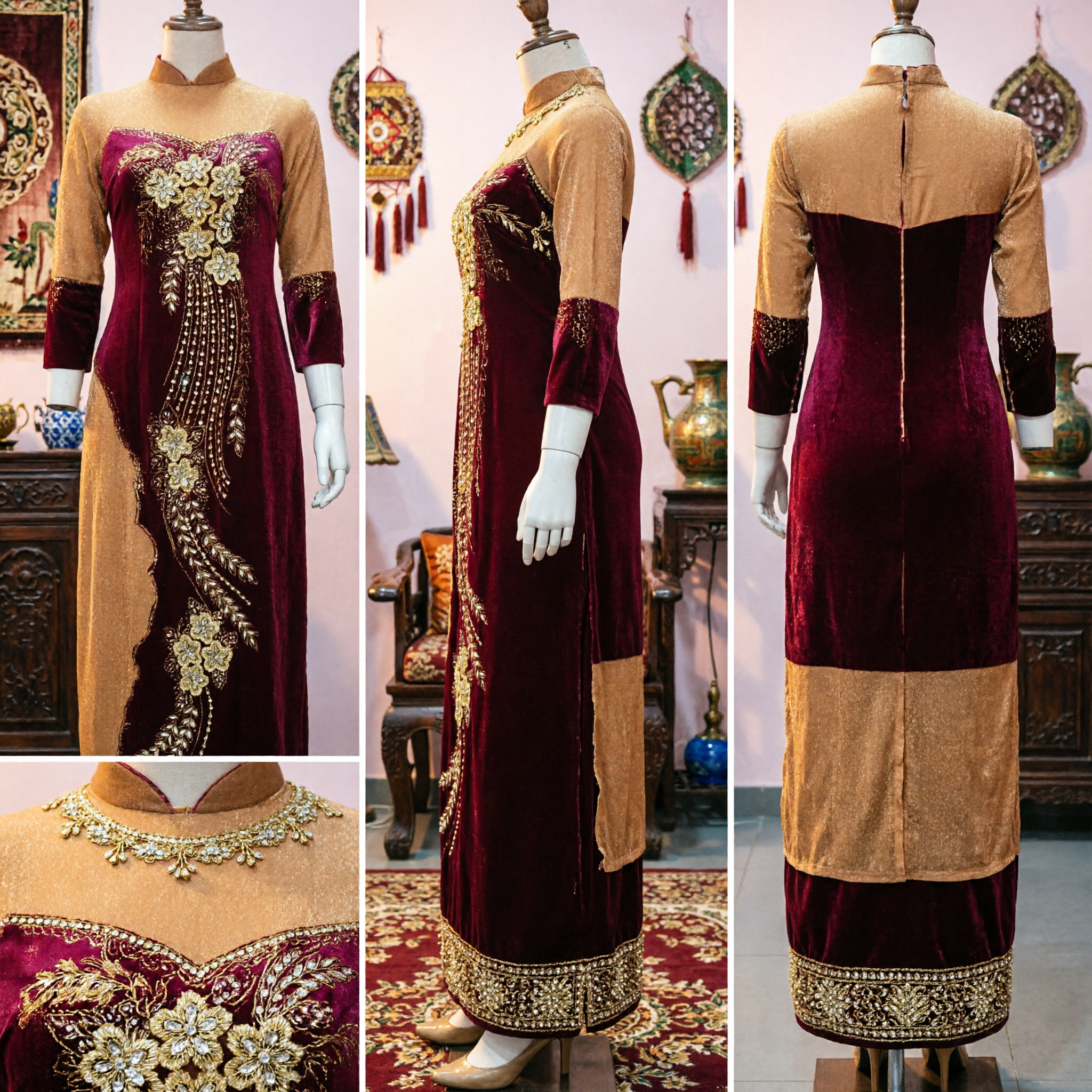 Elegant Maroon Velvet Vietnamese Ao Dai Traditional Dress for Women featuring Gold Embroidery for Wedding and Formal Occasions - Asian Costume