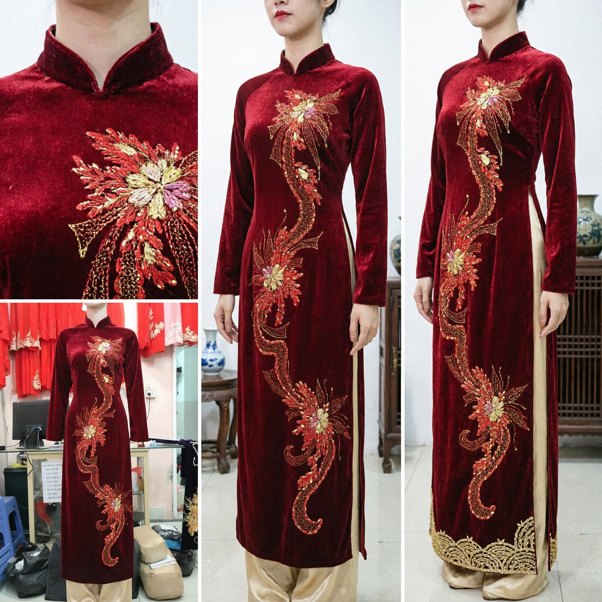 Women's Traditional Red Velvet Long Dress with Intricate Floral Embroidery for Wedding and Parties - Asian Costume