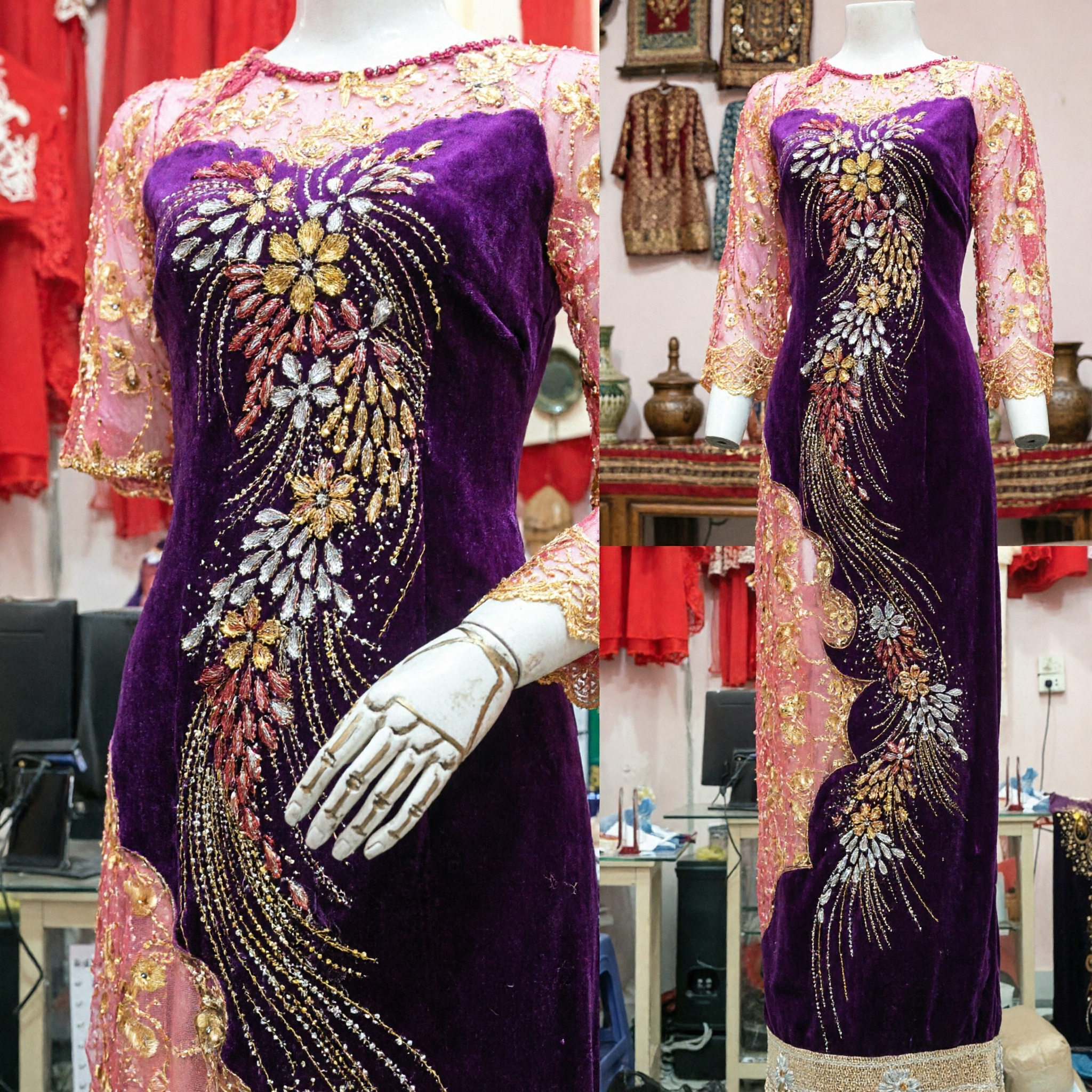 Cheongsam chinois élégant en velours violet - Robe de mariage avec manches en dentelle rose et broderie de perles dorées - Asian Costume