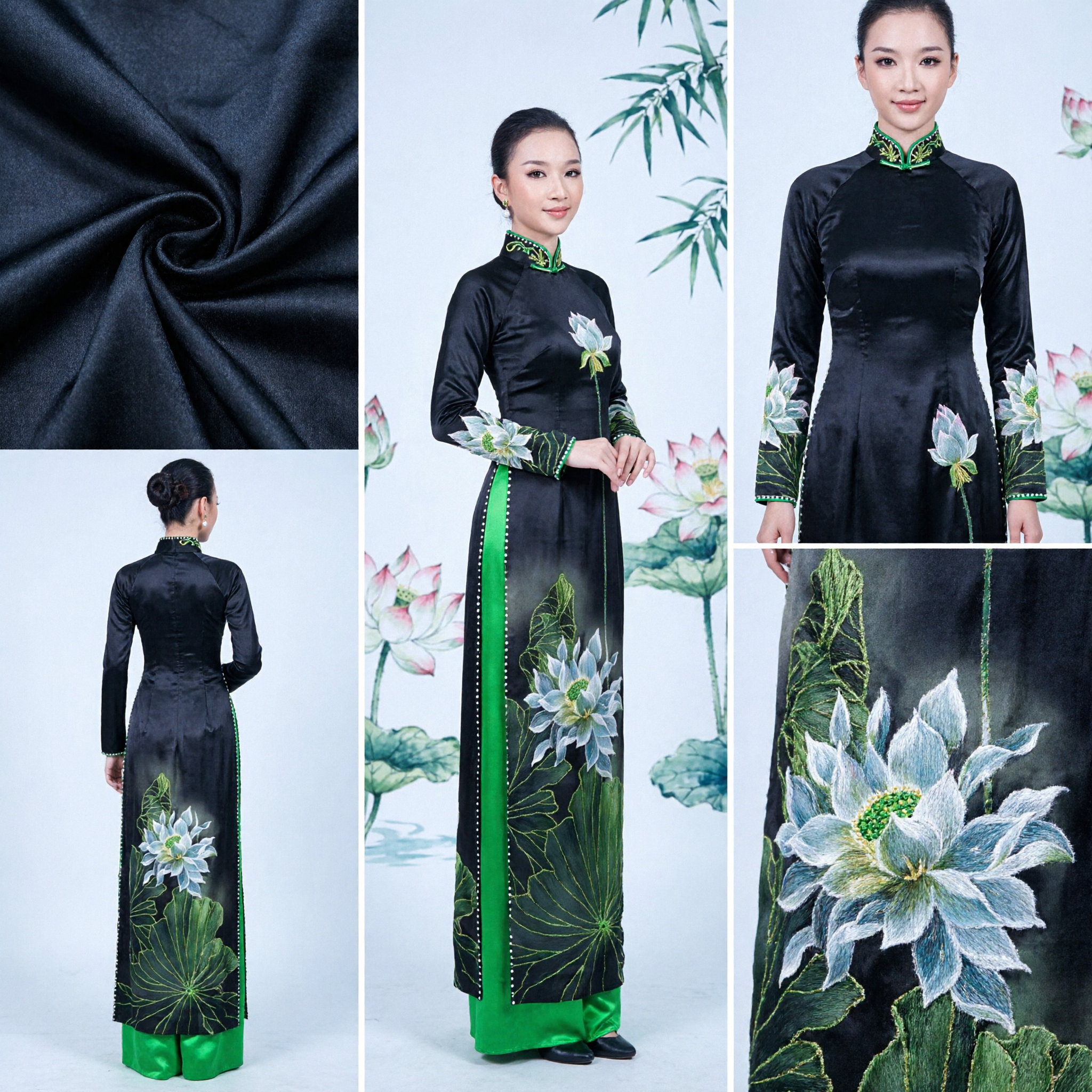 Abito Ao Dai Tradizionale Vietnamita con Stampa di Loto Nero, Tunica Lunga in Seta per Donne, Costume per Spettacoli Formali - Asian Costume