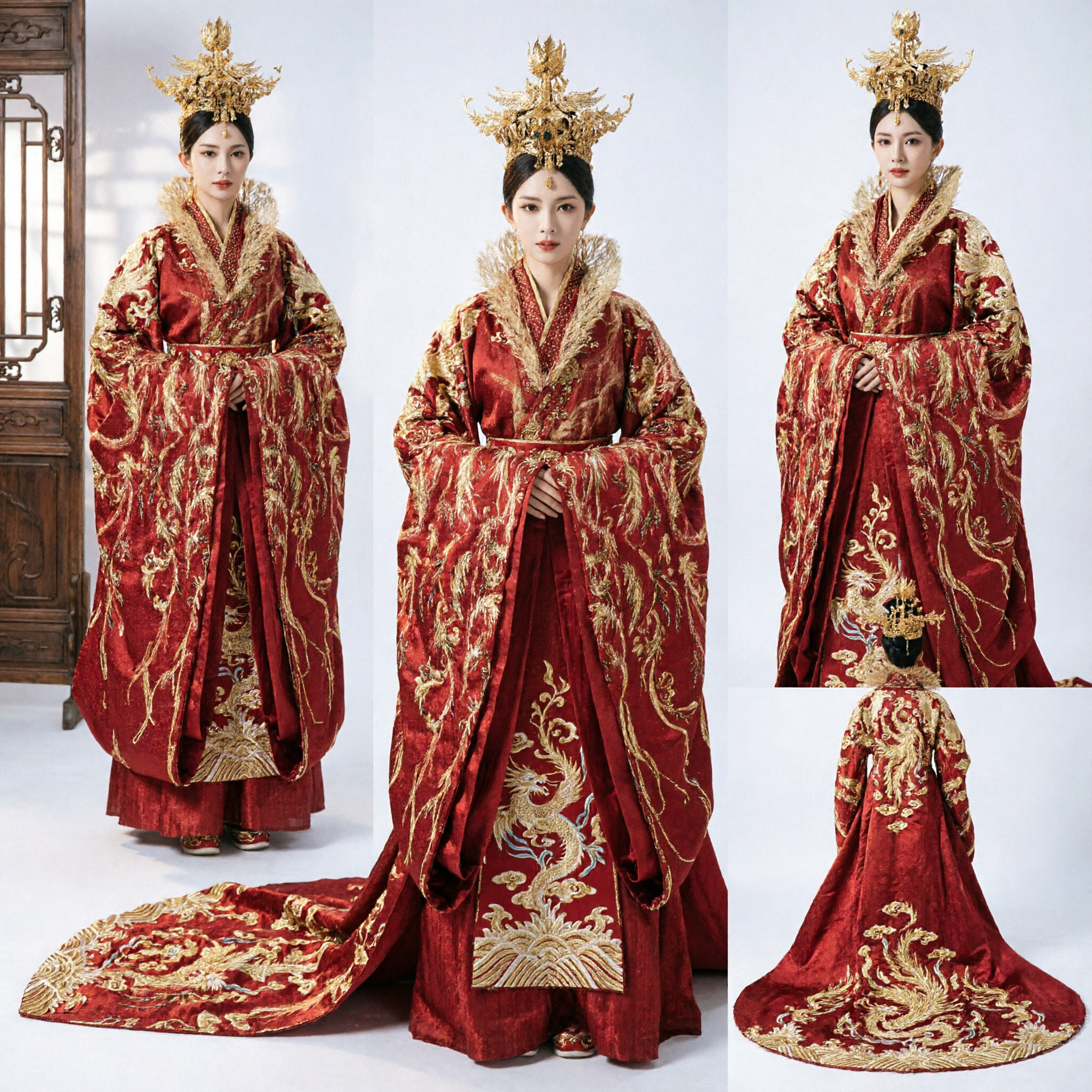 Robe Hanfu Majestueuse d'Impératrice Chinoise Ancienne Rouge Phénix, Costume Traditionnel avec Col en Fourrure pour Cosplay Femmes - Asian Costume