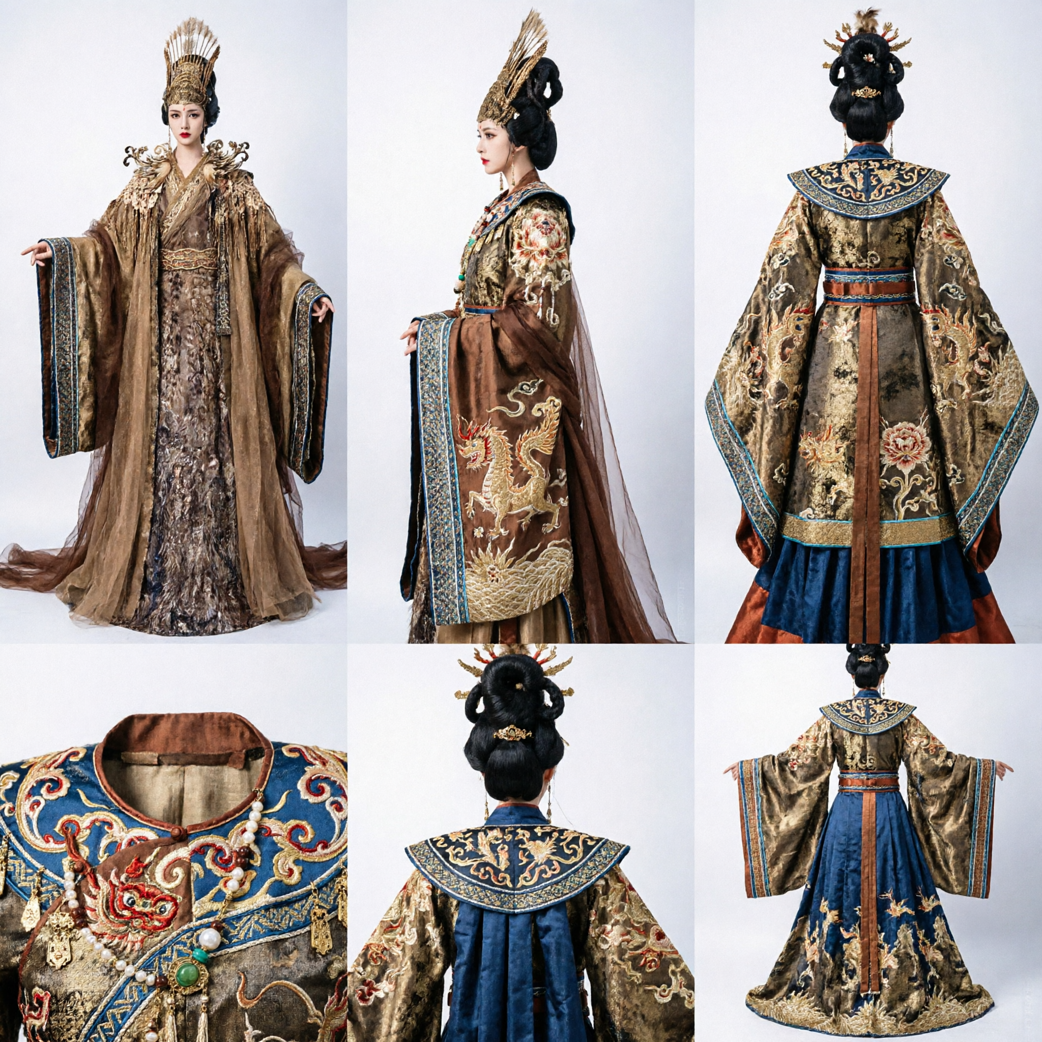 Maestoso Costume Hanfu Antico Cinese da Imperatrice, Veste Ricamata in Oro con Corona per Donne, per Cosplay e Spettacoli - Asian Costume