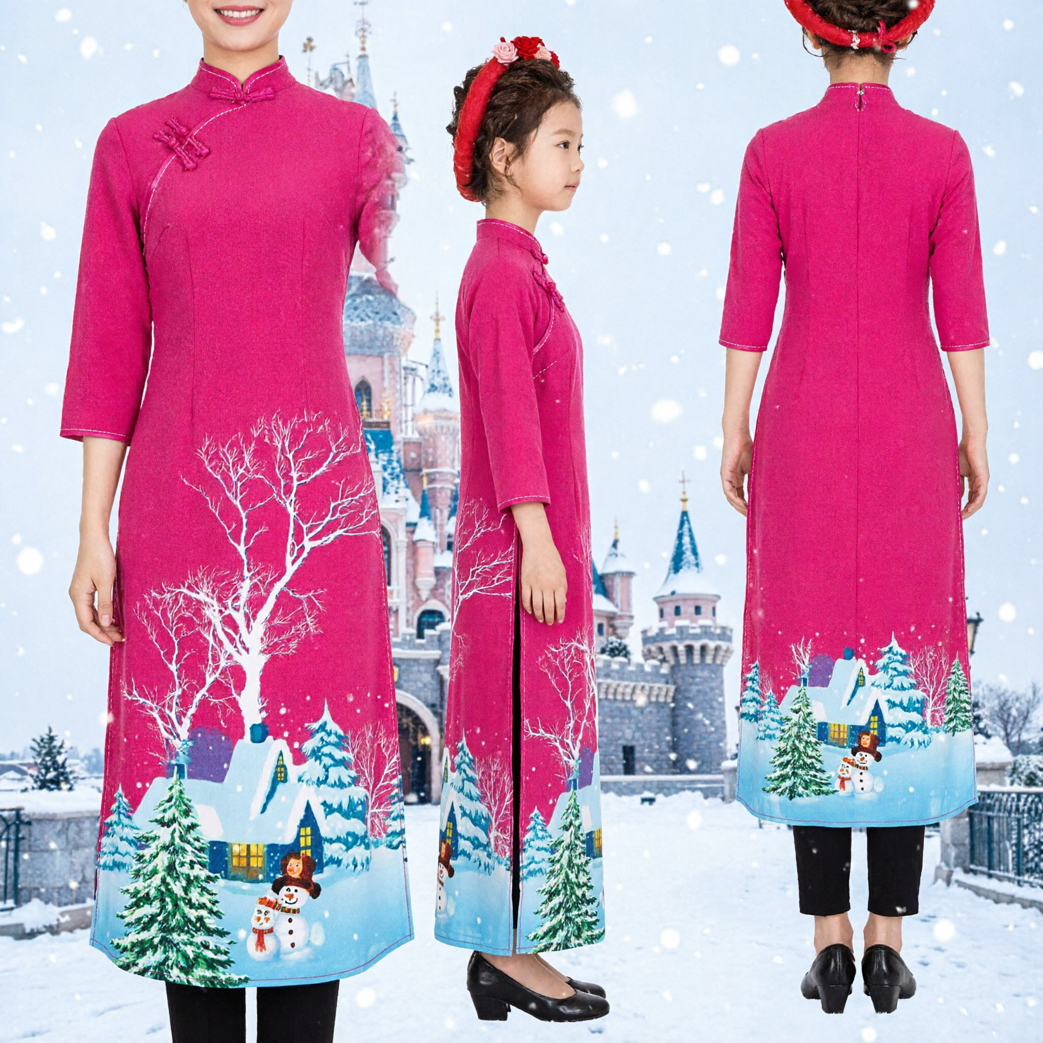 Conjunto a Juego Ao Dai Vietnamita Rosa para Madre e Hija Estampado Invernal de Nieve Vestido Tradicional para el Festival del Tet - Asian Costume