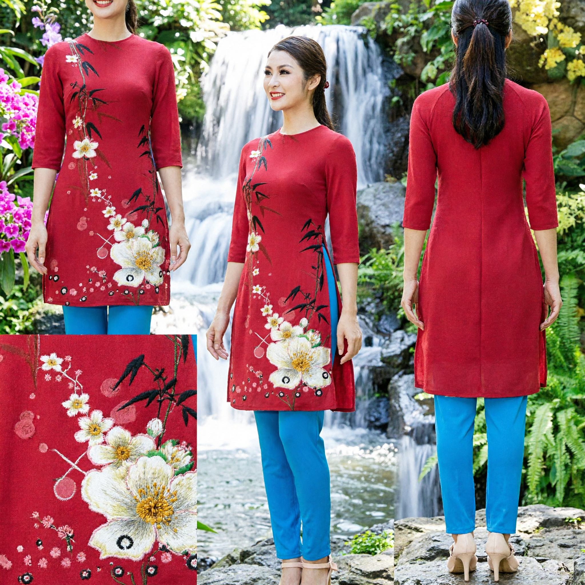 Conjunto Tradicional Vietnamita Áo Dài a Juego para Madre e Hija, Túnica Rosa Floral de Manga Larga para el Festival del Tet - Asian Costume