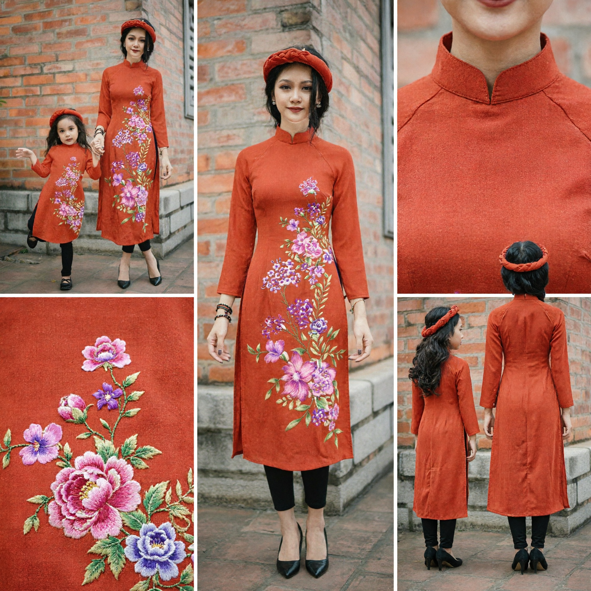 Conjunto Tradicional Vietnamita Áo Dài a Juego para Madre e Hija, Vestido Largo Naranja con Estampado Floral para las Vacaciones del Tet - Asian Costume