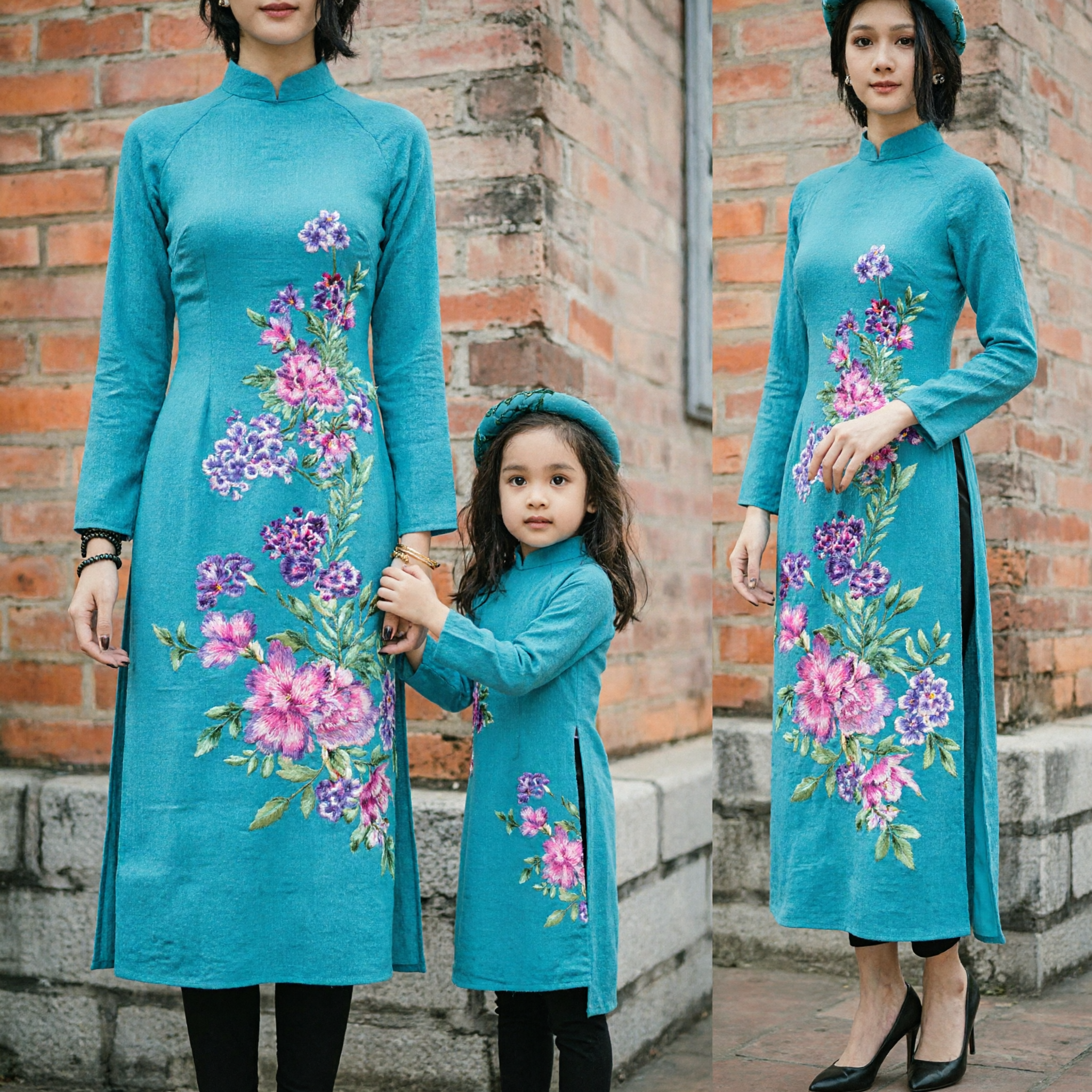 Conjunto Vietnamita Áo Dài a Juego para Madre e Hija Azul Verde Azulado, Bordado Floral, Vestido Tradicional para el Festival del Tet - Asian Costume