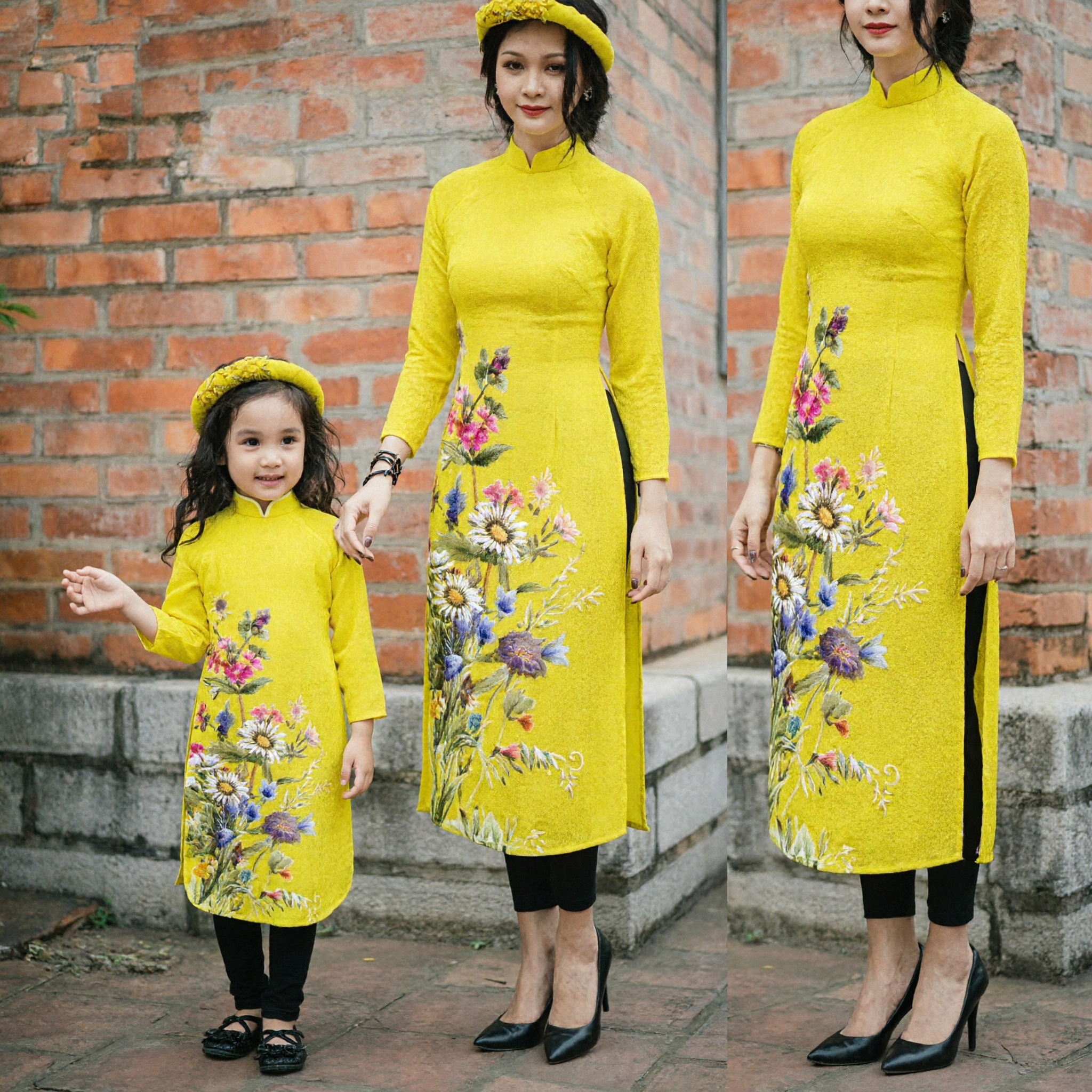 Conjunto Vietnamita Áo Dài a Juego para Madre e Hija Amarillo Floral, Vestido Tradicional para Fotos Familiares en las Vacaciones del Tet - Asian Costume